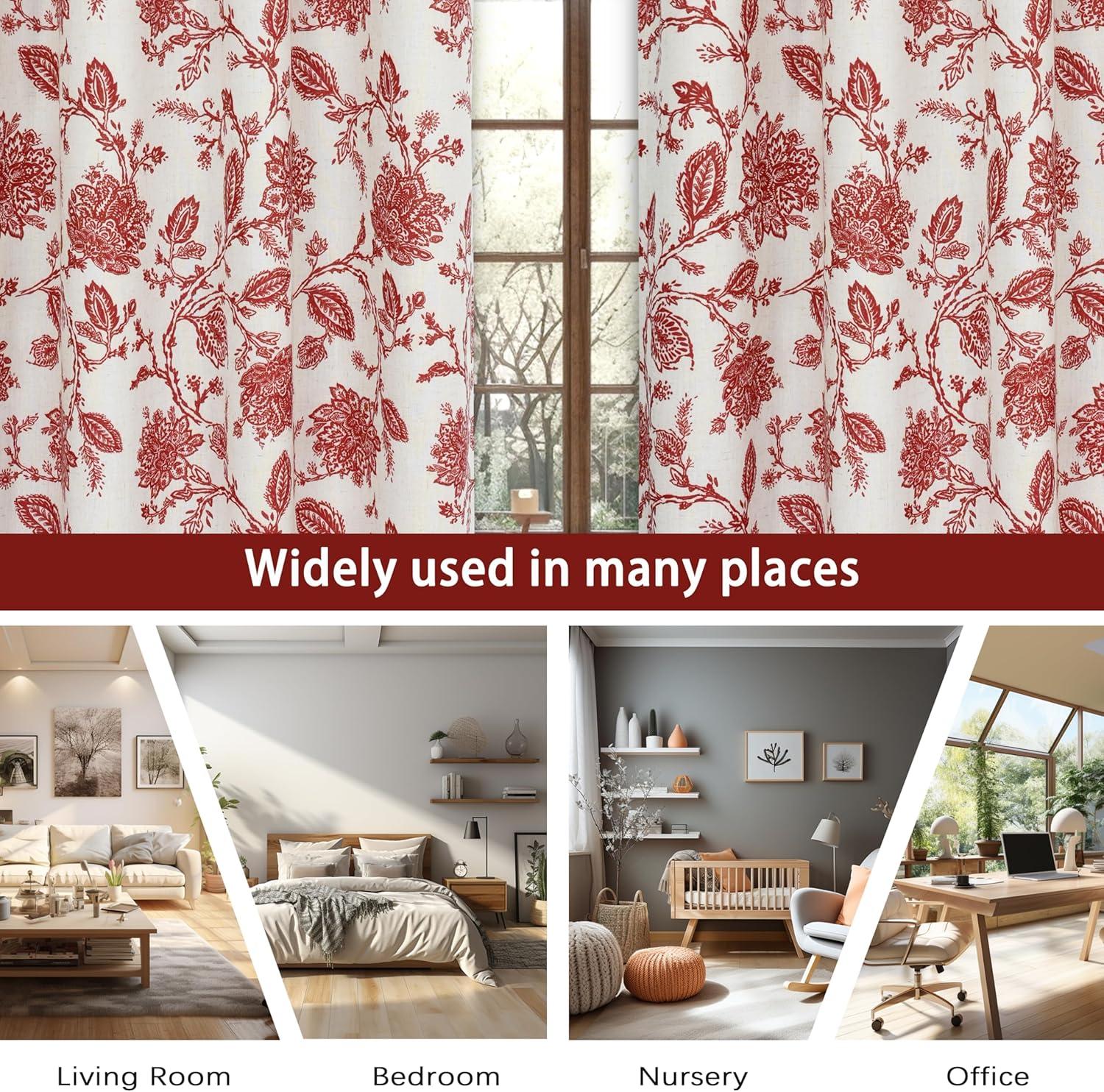 DriftAway Floral Linen Blend Lined Thermal Insulated Room Darkening Blackout Grommet Window Curtains 2 Panels 96"L x 52"W Red Beige