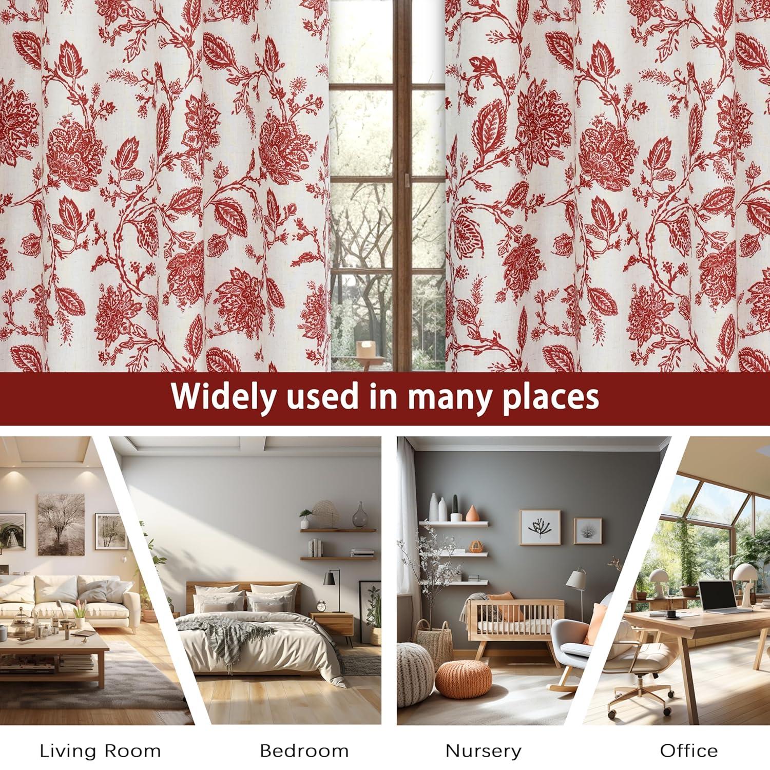 DriftAway Floral Linen Blend Lined Thermal Insulated Room Darkening Blackout Grommet Window Curtains 2 Panels 96"L x 52"W Red Beige