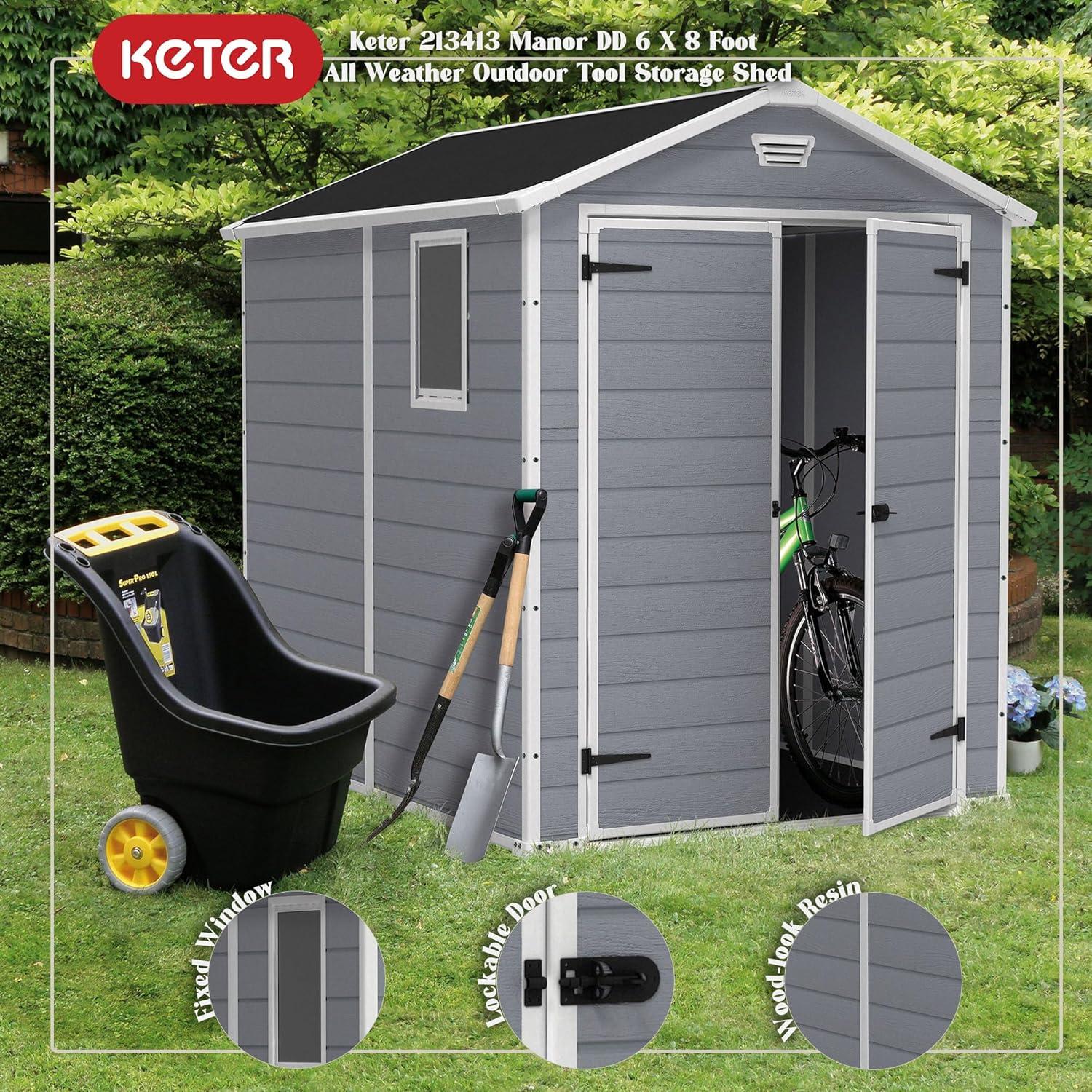 Keter 213413 Manor DD 6 X 8 Foot All Weather Outdoor Storage Shed, Grey