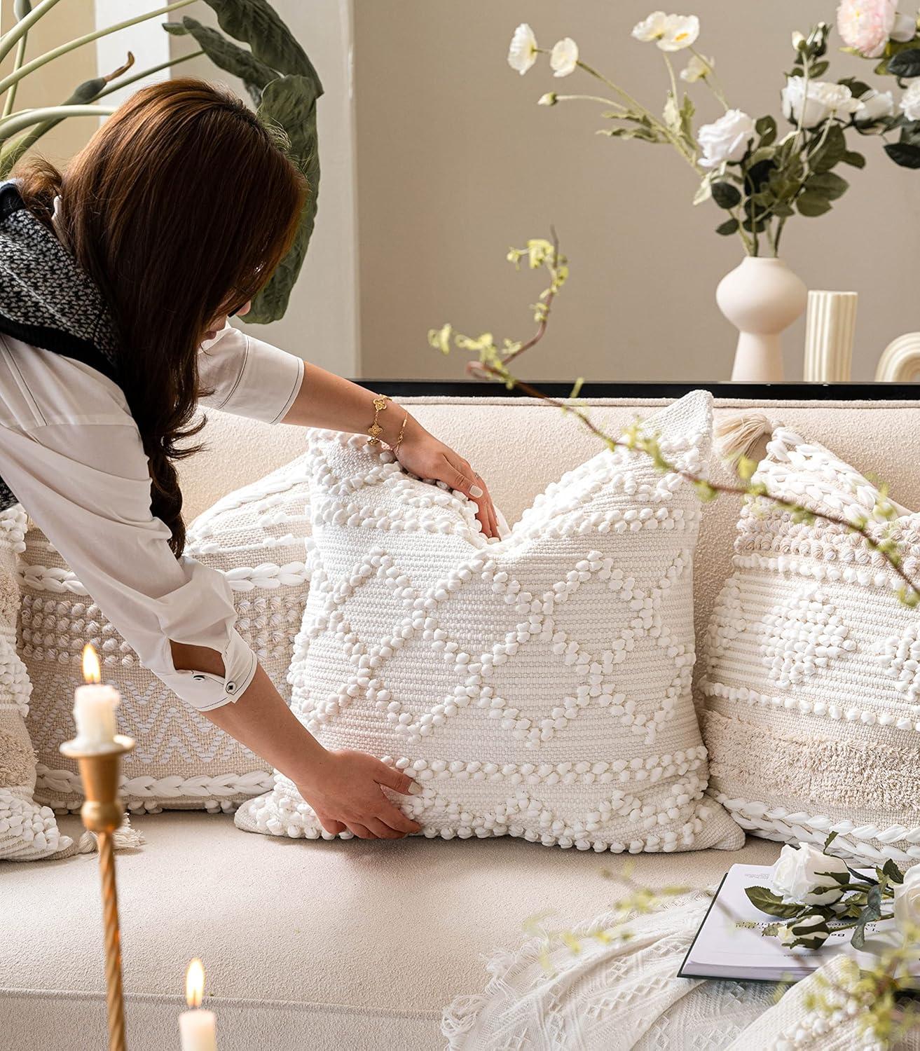 Pure White Decorative Throw Pillow Cover 20X20, Boho Accent Pillow for Couch, Square Modern Farmhouse Pillowcase for Living Room Couch Sofa Cushion Home Décor (Pack of 1)