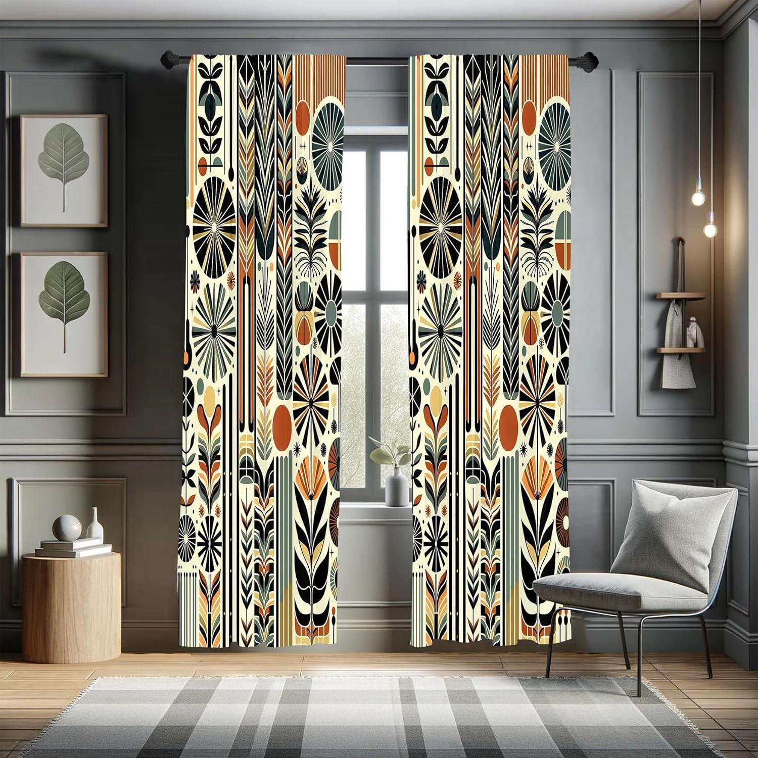 Ambesonne Bohemian Curtains 2 Panel Set, Retro Mid Century Abstract, Pair of - 28" x 95", Dark Orange and Reseda Green