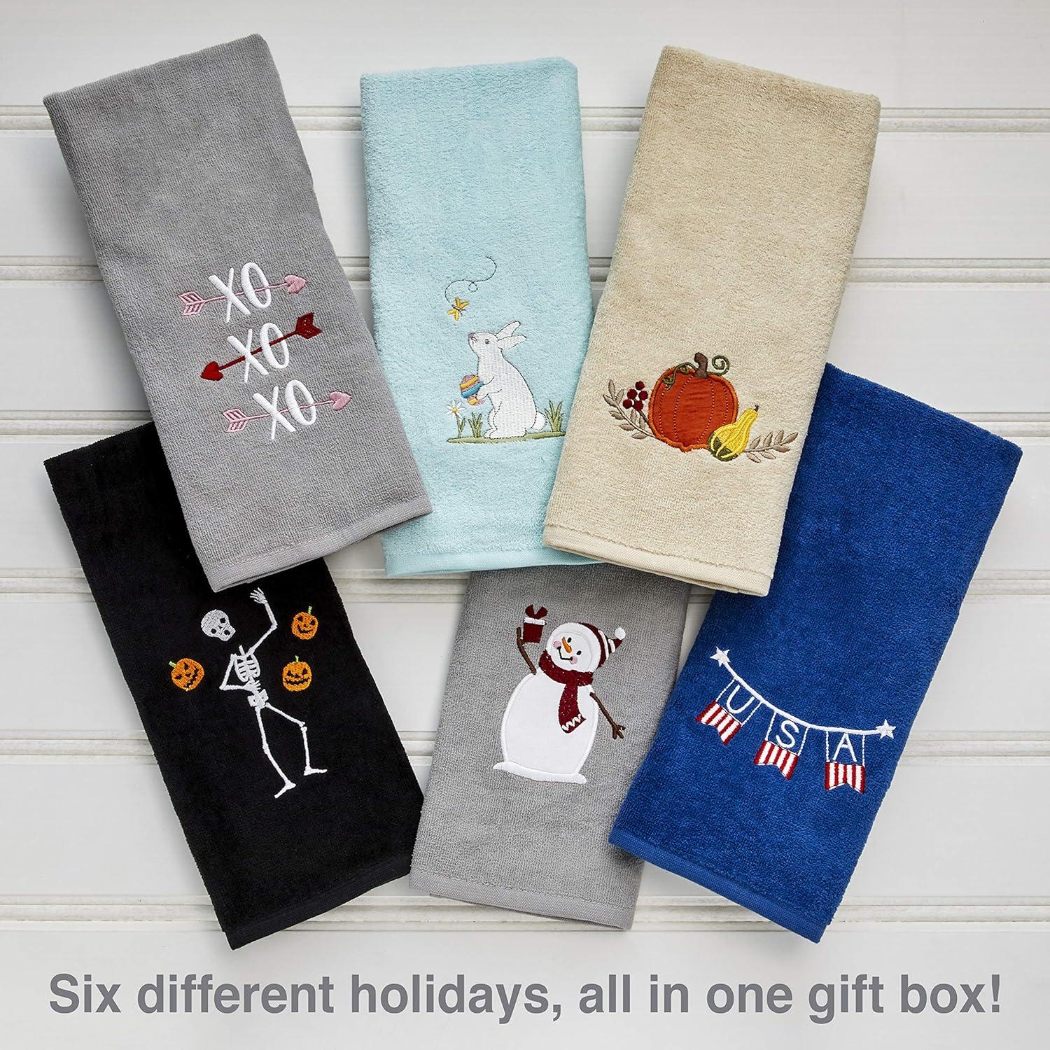 Holiday Embroidered Cotton Hand Towel Set, 6-Piece