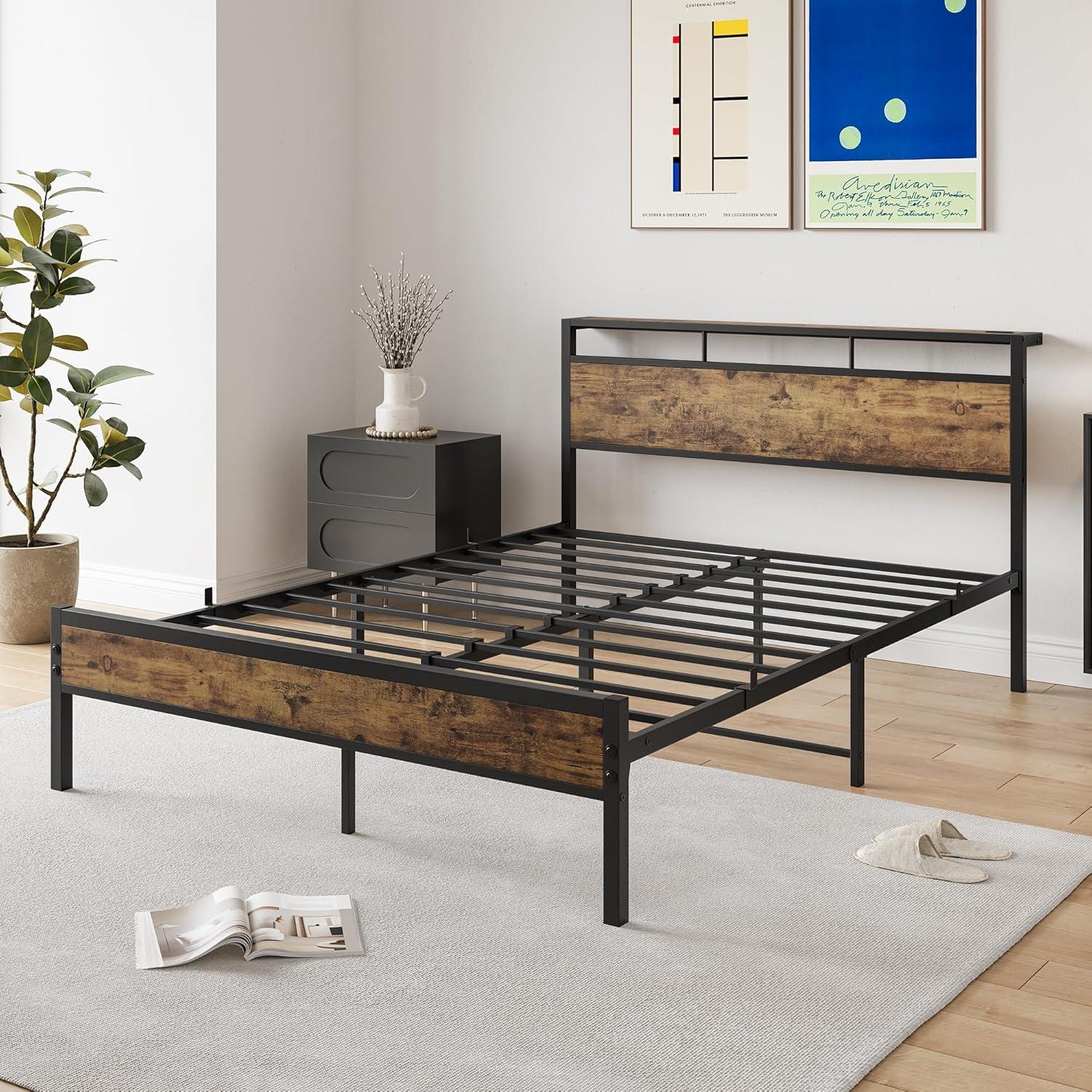 Bellemave Modern Industrial Full Platform Bed with Storage Headboard and USB Ports Black Metal Bed Frame with Charging Station and Metal Slats, Noise-Free, No Box Spring Needed, Full Size