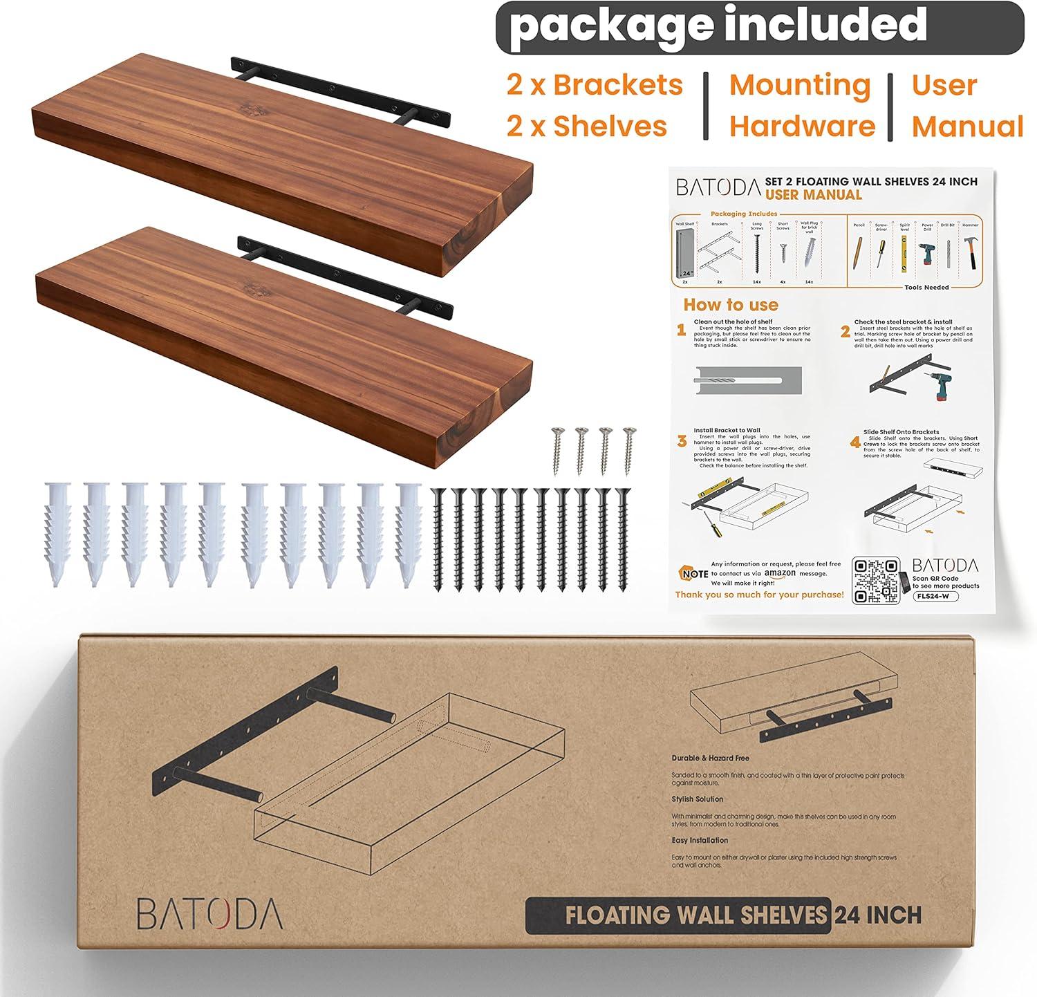 BATODA Set of 2 24" Acacia Wood Floating Shelves Wall Mounted – Rustic Farmhouse Wooden Wall Storage Shelf for Bedroom, Kitchen, Home Décor - Brackets and Shelving Hardware Included