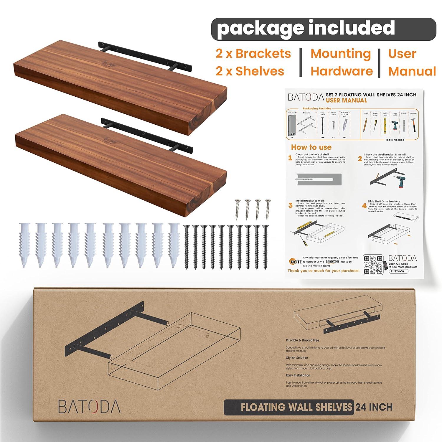 BATODA Set of 2 24" Acacia Wood Floating Shelves Wall Mounted – Rustic Farmhouse Wooden Wall Storage Shelf for Bedroom, Kitchen, Home Décor - Brackets and Shelving Hardware Included