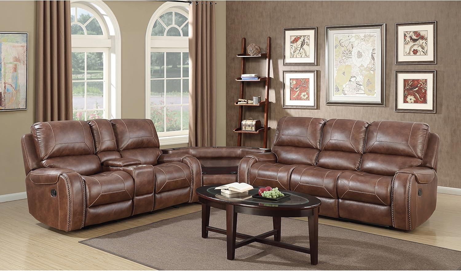 Brown Leather-Air Nailhead Manual Reclining Sofa and Loveseat with Storage Console and USB Port