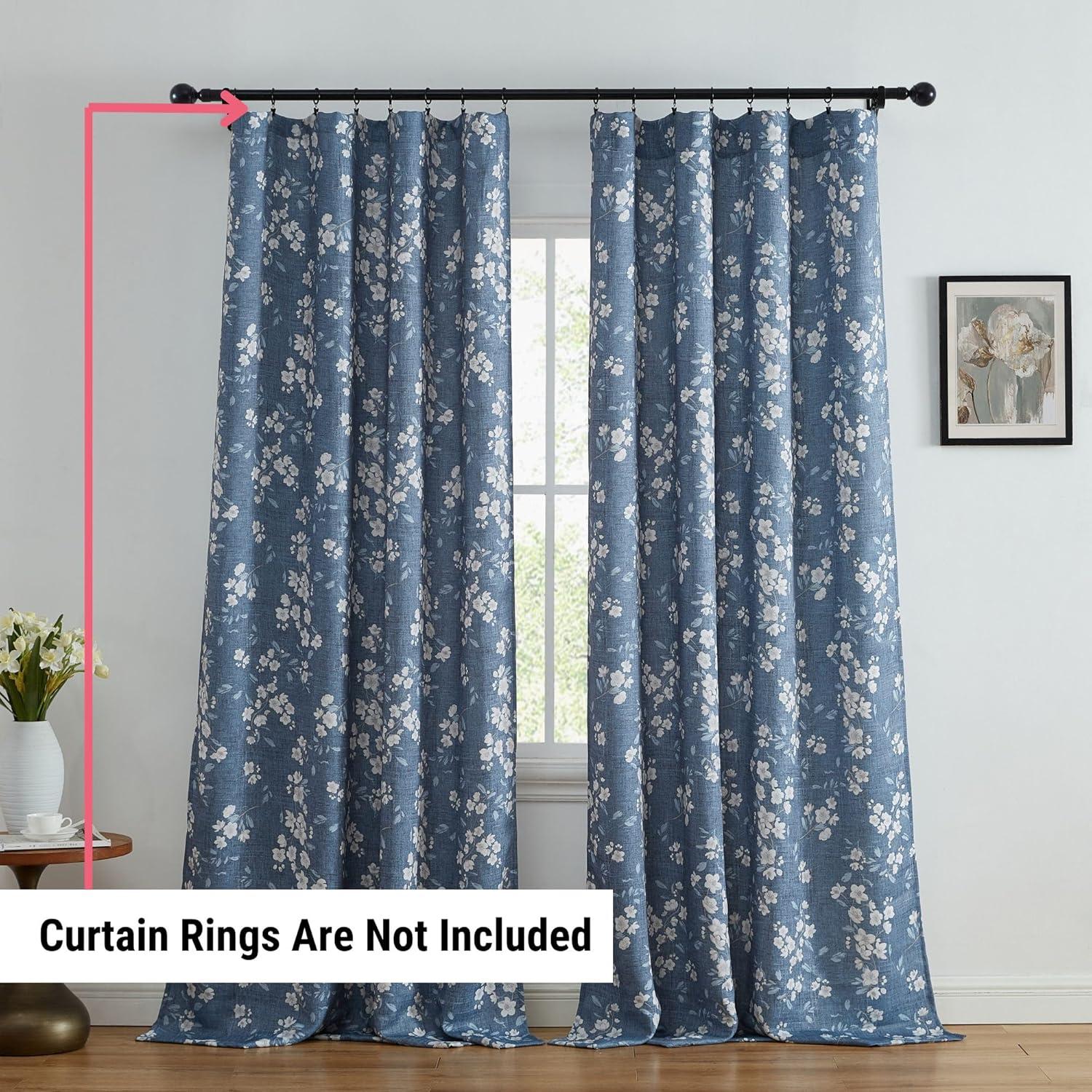 Blue Floral Polyester Room-Darkening Rod Pocket Curtains, 52" x 84"