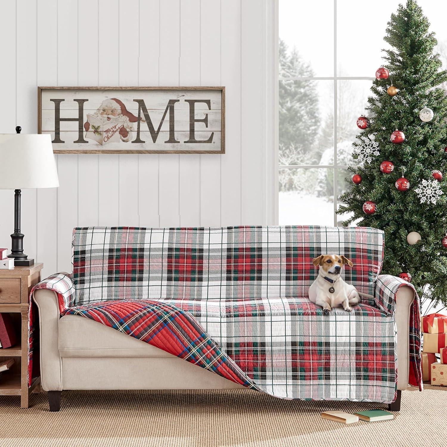 Levtex Home - Spencer Plaid Furniture Cover (Small) - 103in x 76in - Seat Up To 45in Wide- Reversible - Tartan Plaid - Red, Green, White, Blue, Gold - Cotton/Microfiber