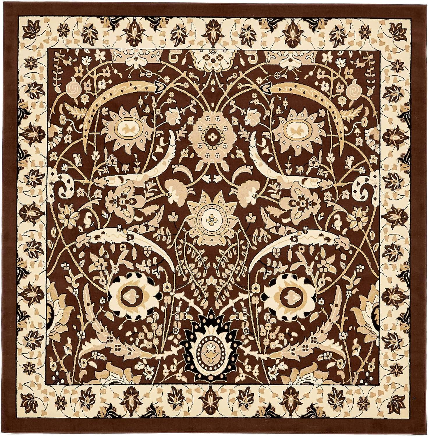 Espahan Brown and Beige Floral Square Synthetic Rug