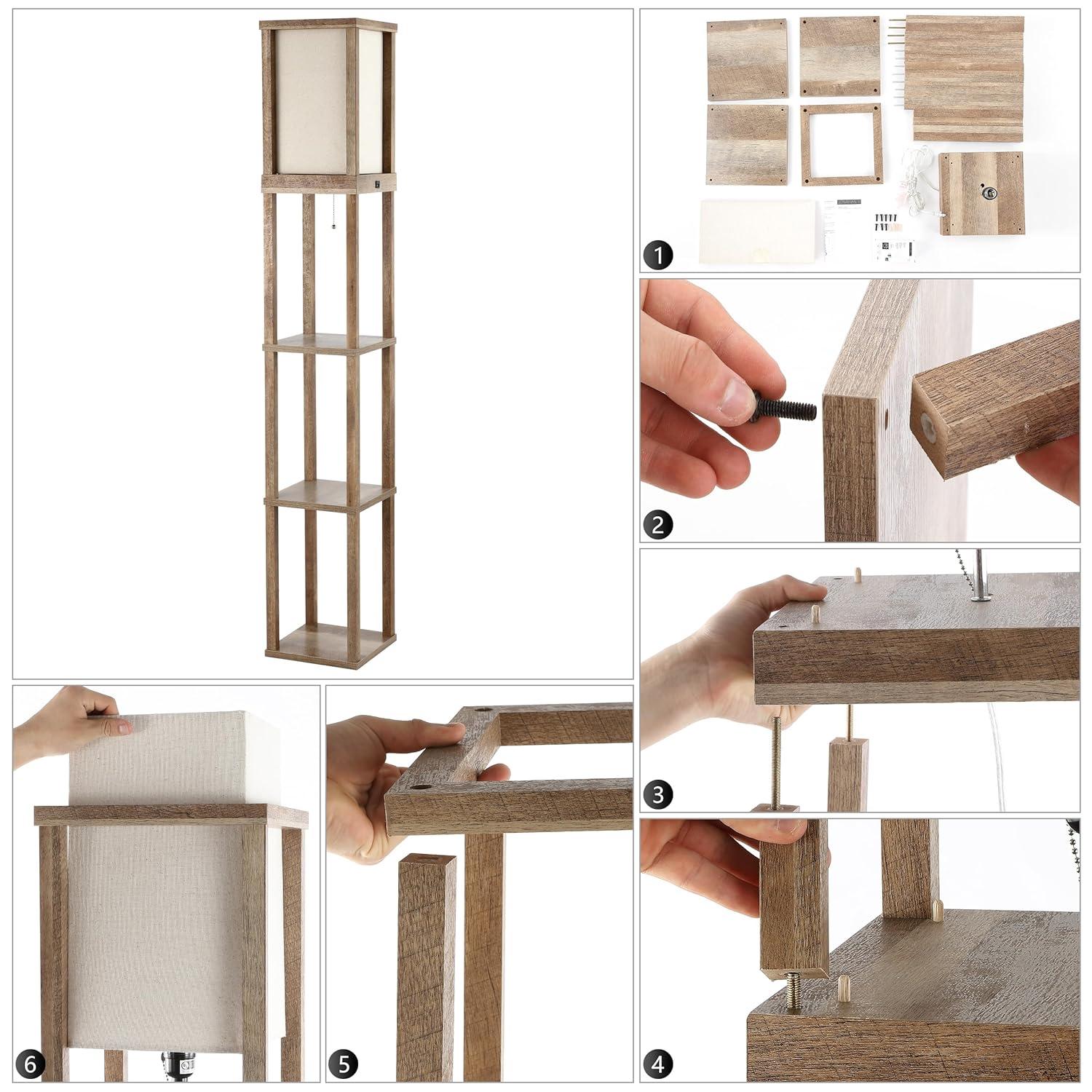 Etagere 63.5" Rustic Bohemian Wooden LED 3-Shelf Floor Lamp with Pull-Chain, USB Charging Port and Smart Bulb, Brown