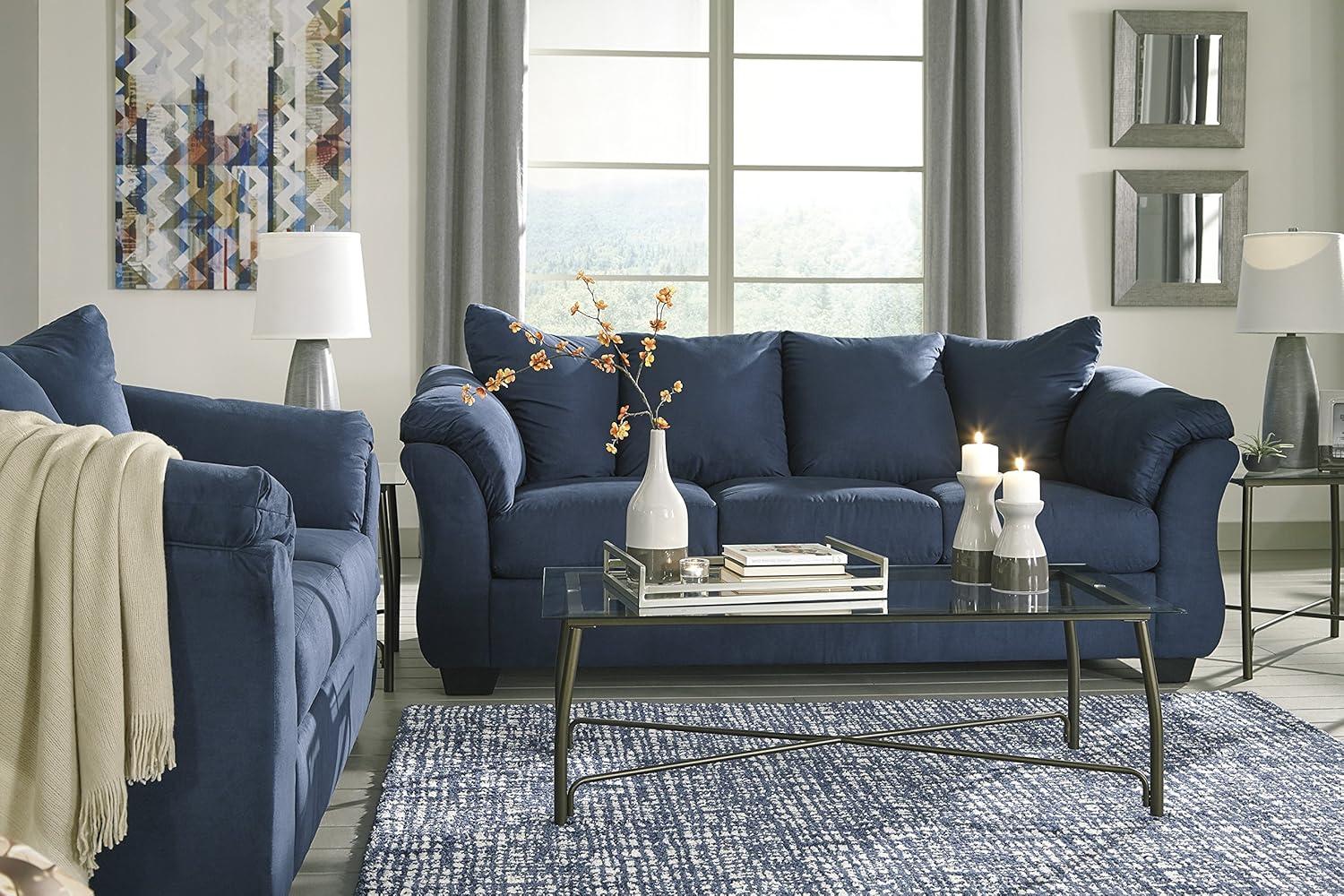 Roundhill Furniture Aruca Navy Blue Microfiber Pillow Back Sofa and Loveseat Set
