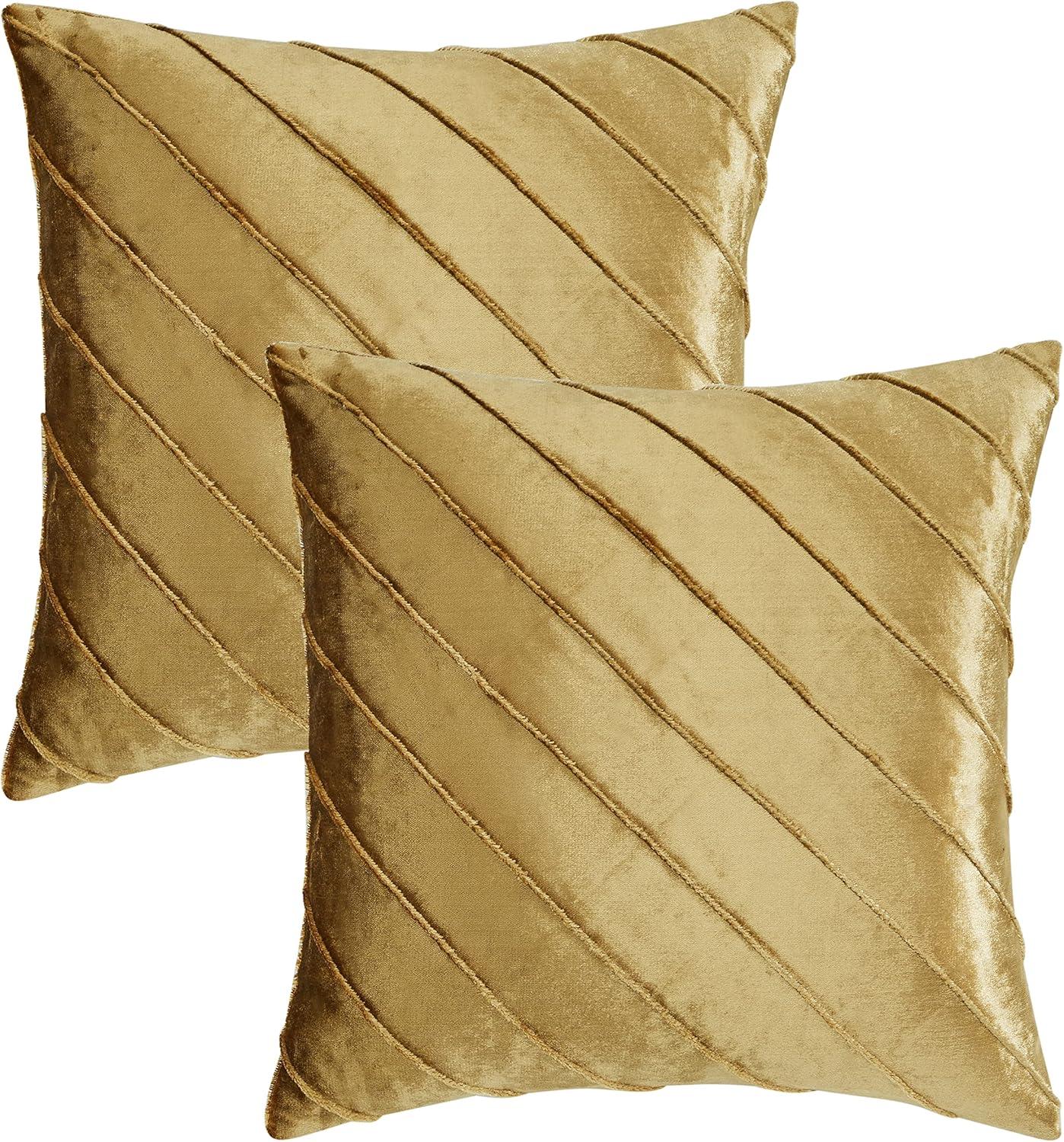 Gold Stripe Velvet Cushion Covers - Set of 2 | 18x18 Sofa Throw Pillow Cases | Decorative Living Room Couch Accent Covers