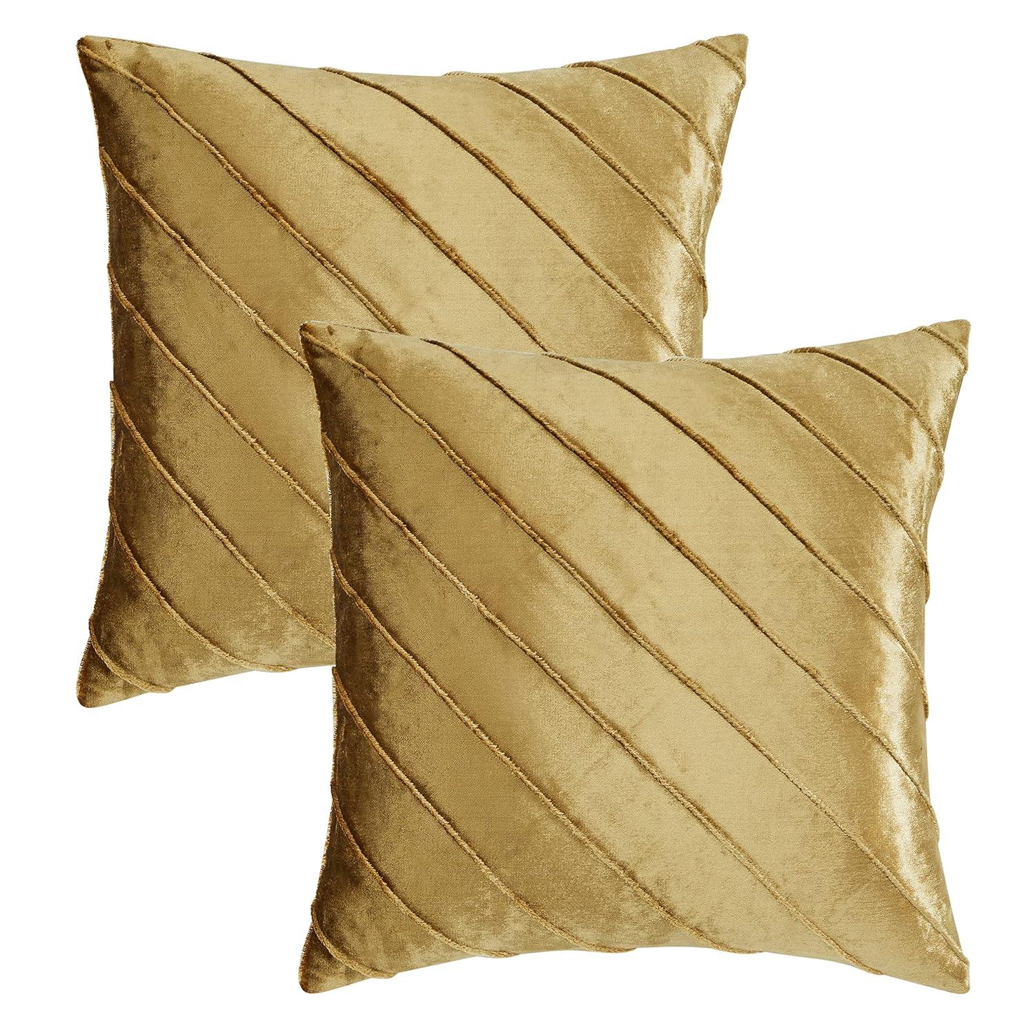 Gold Stripe Velvet Cushion Covers - Set of 2 | 18x18 Sofa Throw Pillow Cases | Decorative Living Room Couch Accent Covers