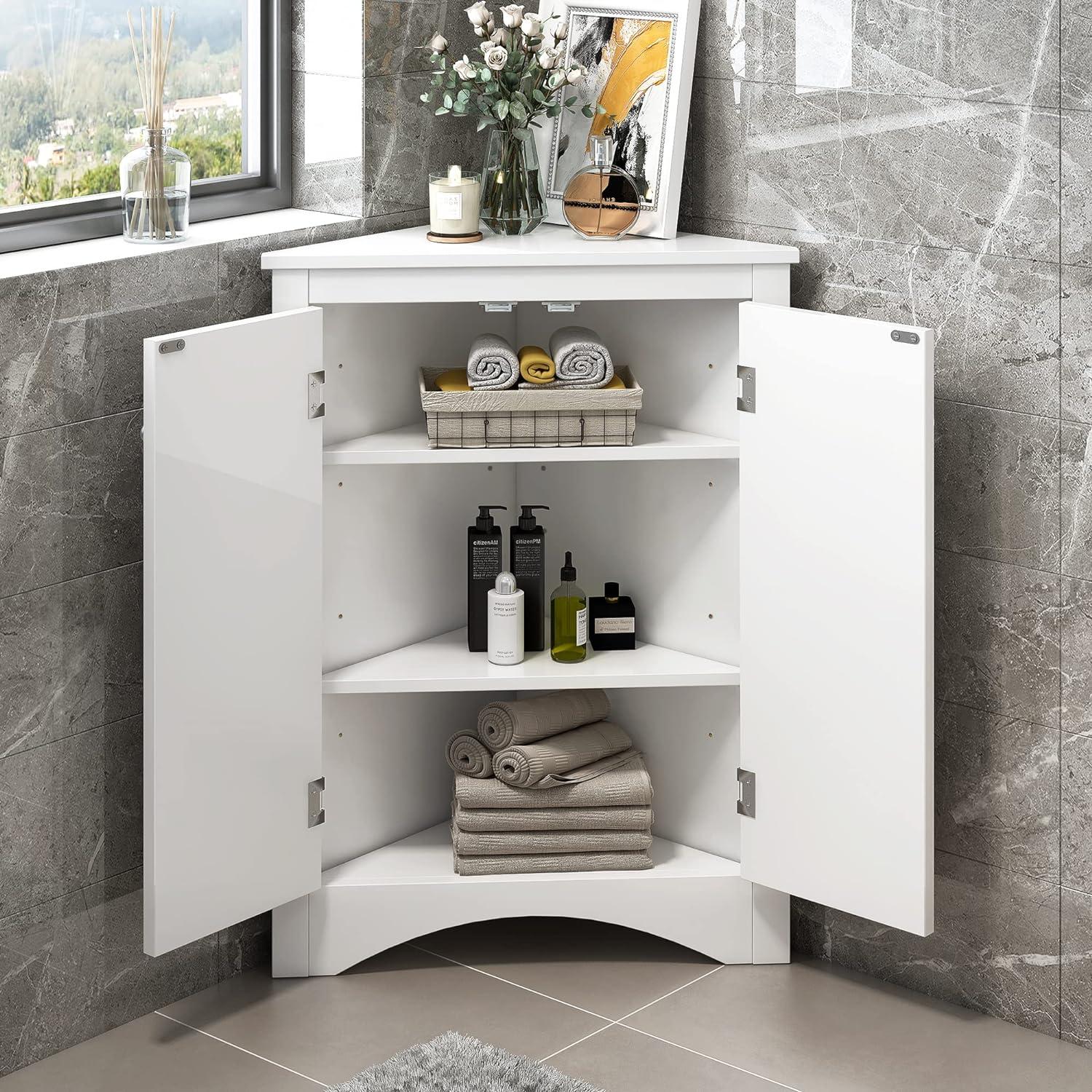 Yardmaster Bathroom Storage Cabinet, Corner Cabinet with 2 Doors and Adjustable Shelves, Freestanding Corner Storage Cabinet for Bathroom, Kitchen, Living Room, White