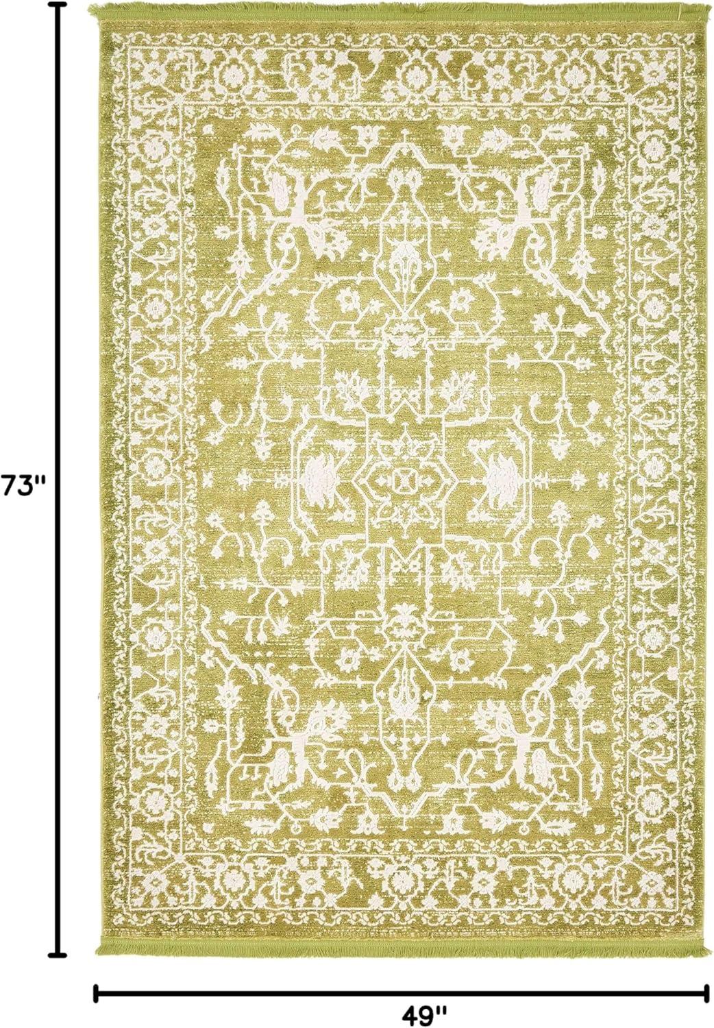 Light Green and Ivory Abstract Viscose Area Rug, 4' x 6'