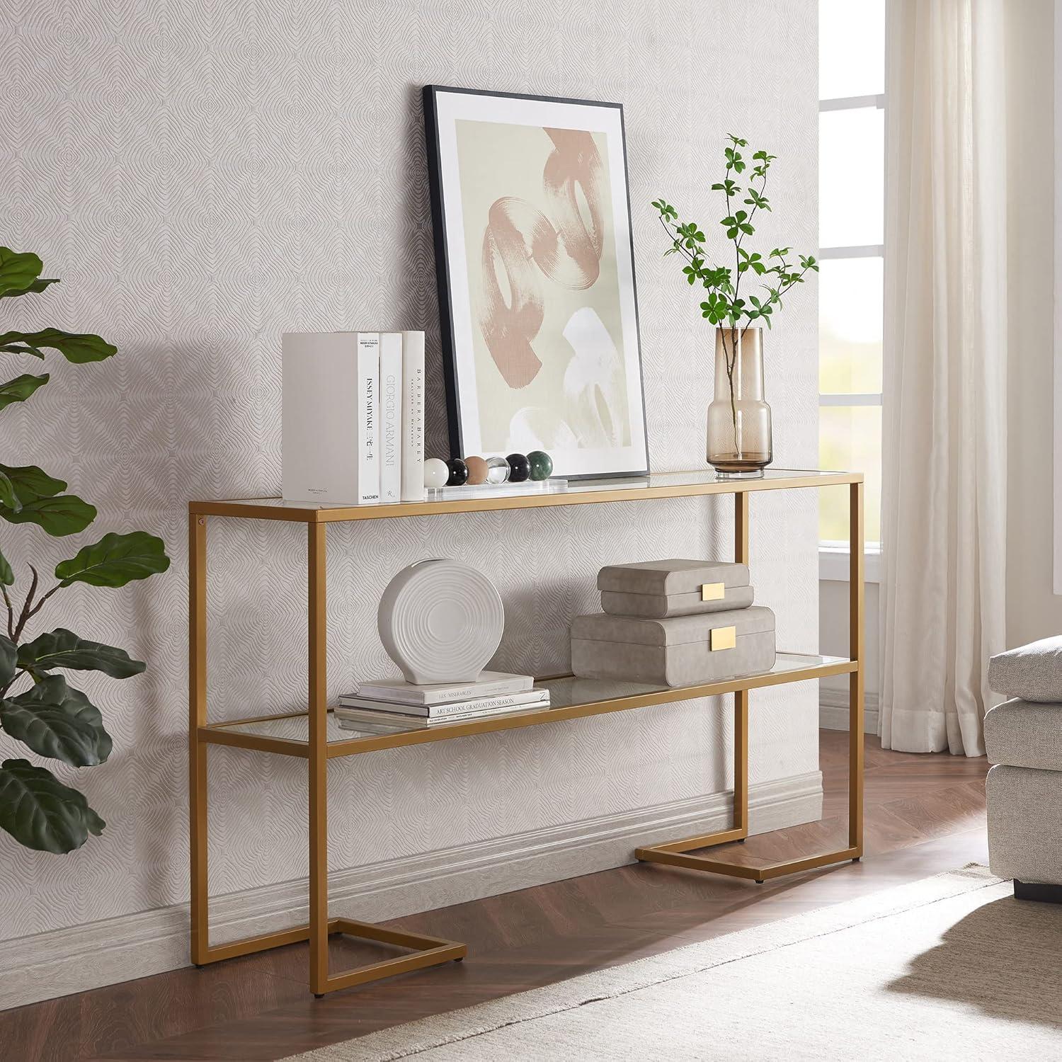 Elegant Gold 55" Metal & Glass Console Table with Storage Shelf