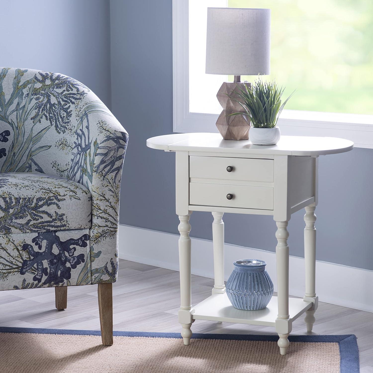 Powell Shiloh Single Drawer Indoor End Table with Shelf and Dropleaf, 24" Tall, White