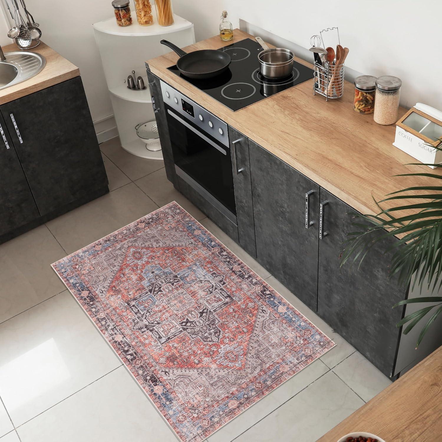 Machine Washable Thin Area Rug - Oriental Vintage Rust Red Kitchen, Bedroom, Hallway, Bathroom, and Entryway 3x5 Rugs - Stain and Water-Resistant - Non-Slip - Pet and Kid Friendly
