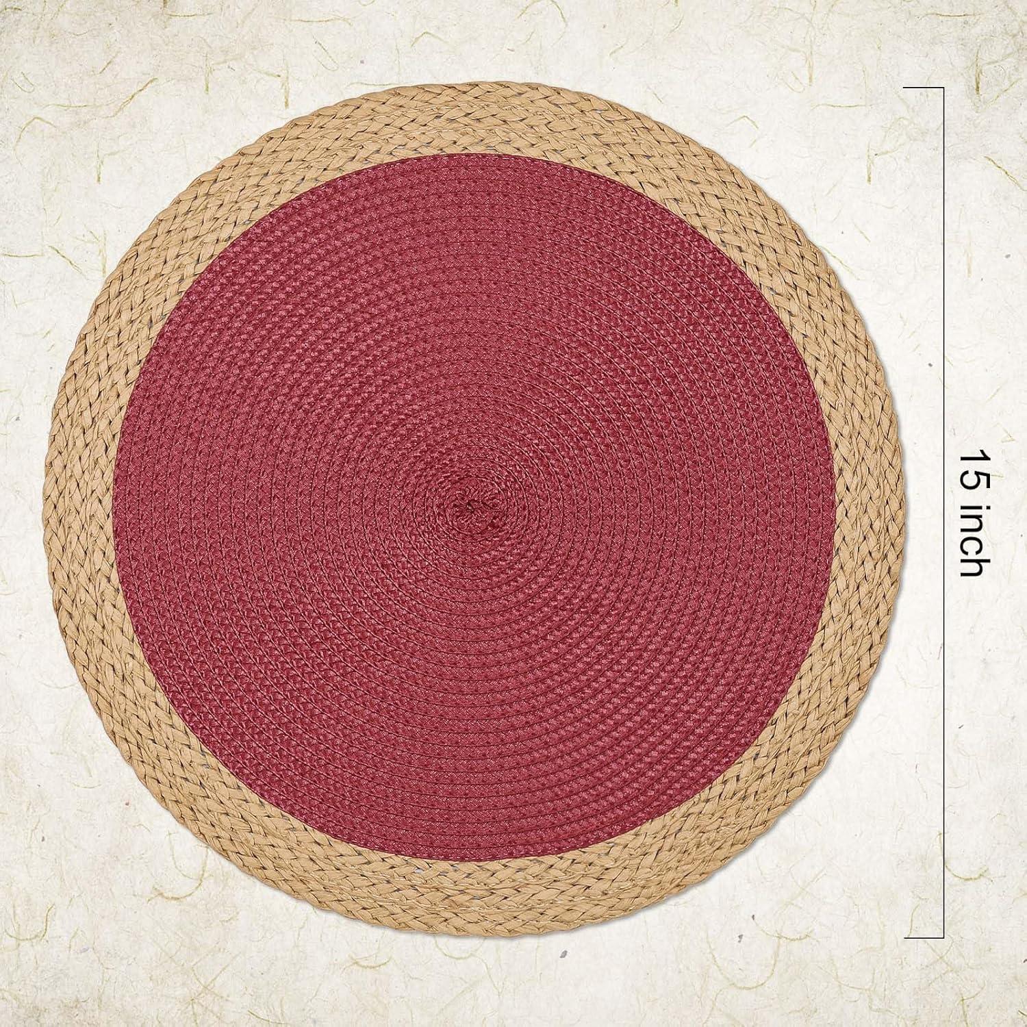Noctiflorous 15 Inch Round Braided Placemats Set of 4 Washable Wipeable Easy Clean Heat Resistant Woven Dining Table Mats Decor for Holiday Parties Indoor Outdoor Daily Use(Red Thin Edge, 4)