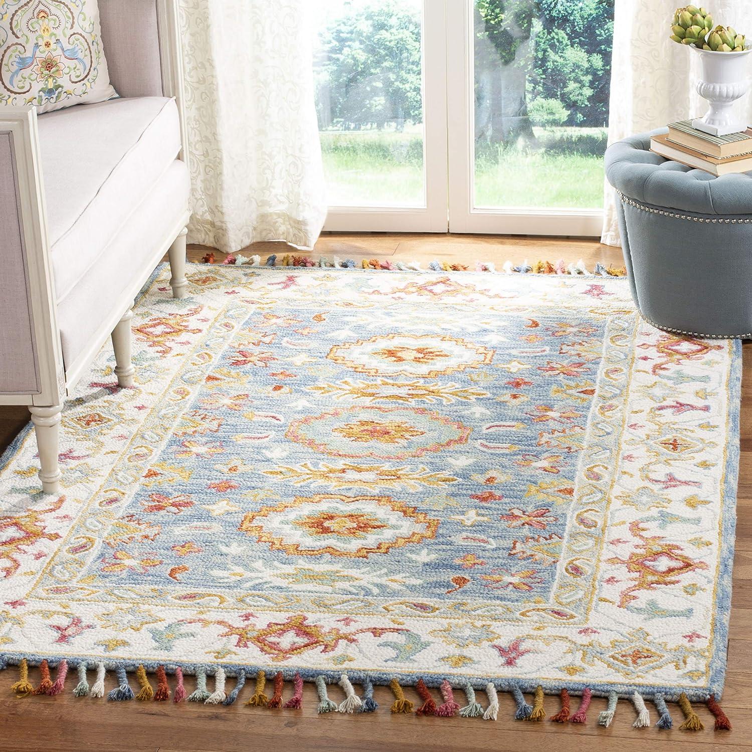 Blue and Ivory Handmade Wool Floral Area Rug