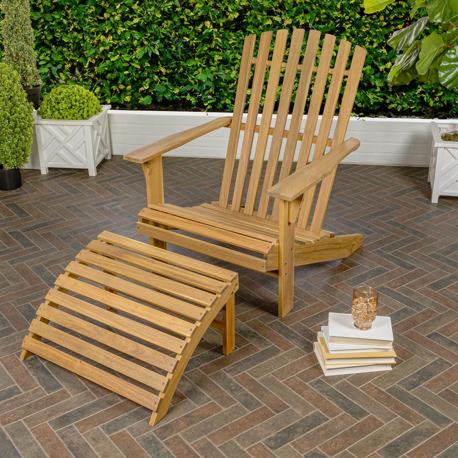 Saranac 2-Piece Traditional Rustic Acacia Wood Adirondack Chair with Detachable Ottoman, Teak Brown - JONATHAN Y