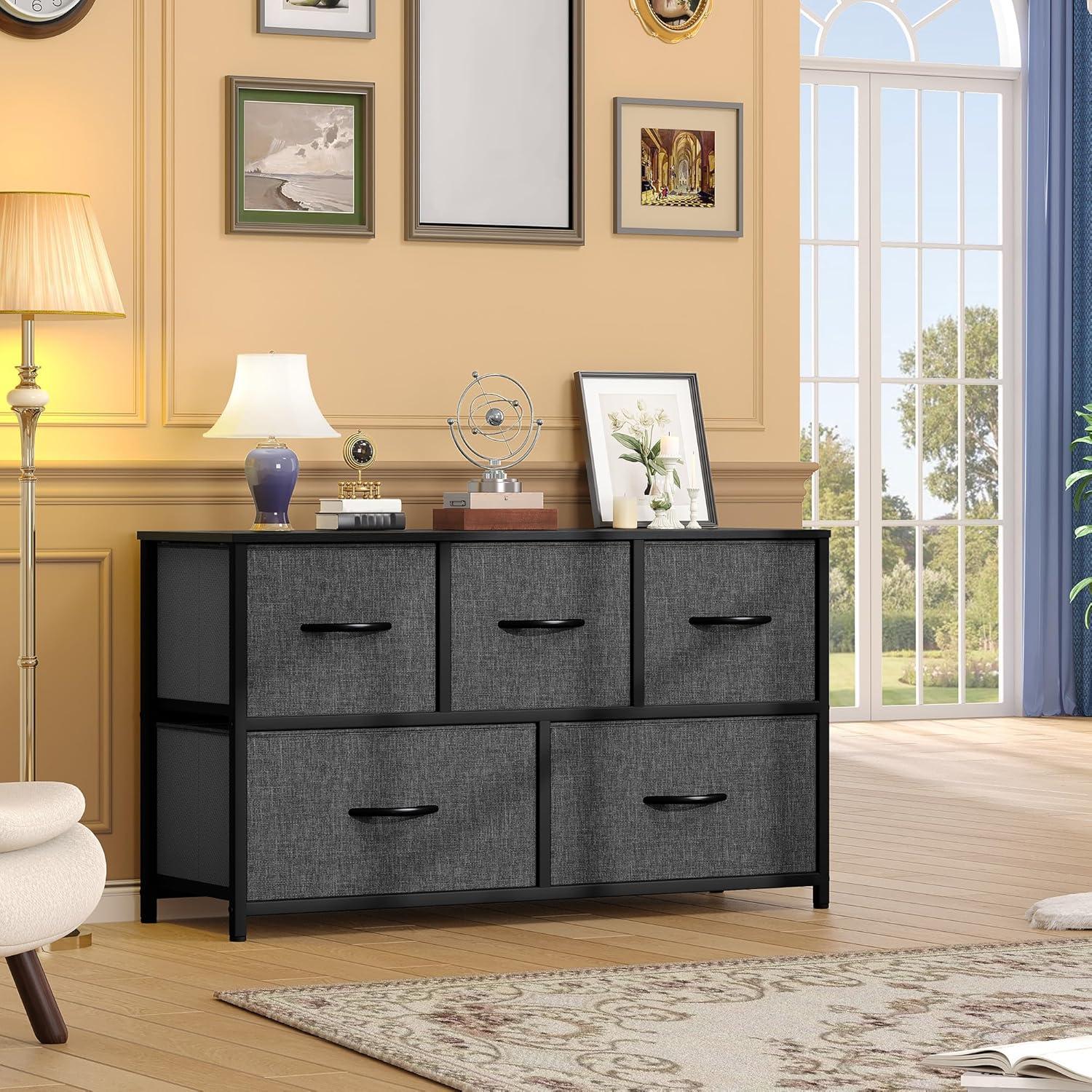 EDX 5 Drawer Dresser, Wide Chest of Drawers Nightstand Storage Tower Storage Fabric Dresser with Wood Top for Living Room, Bedroom, Hallway,Black