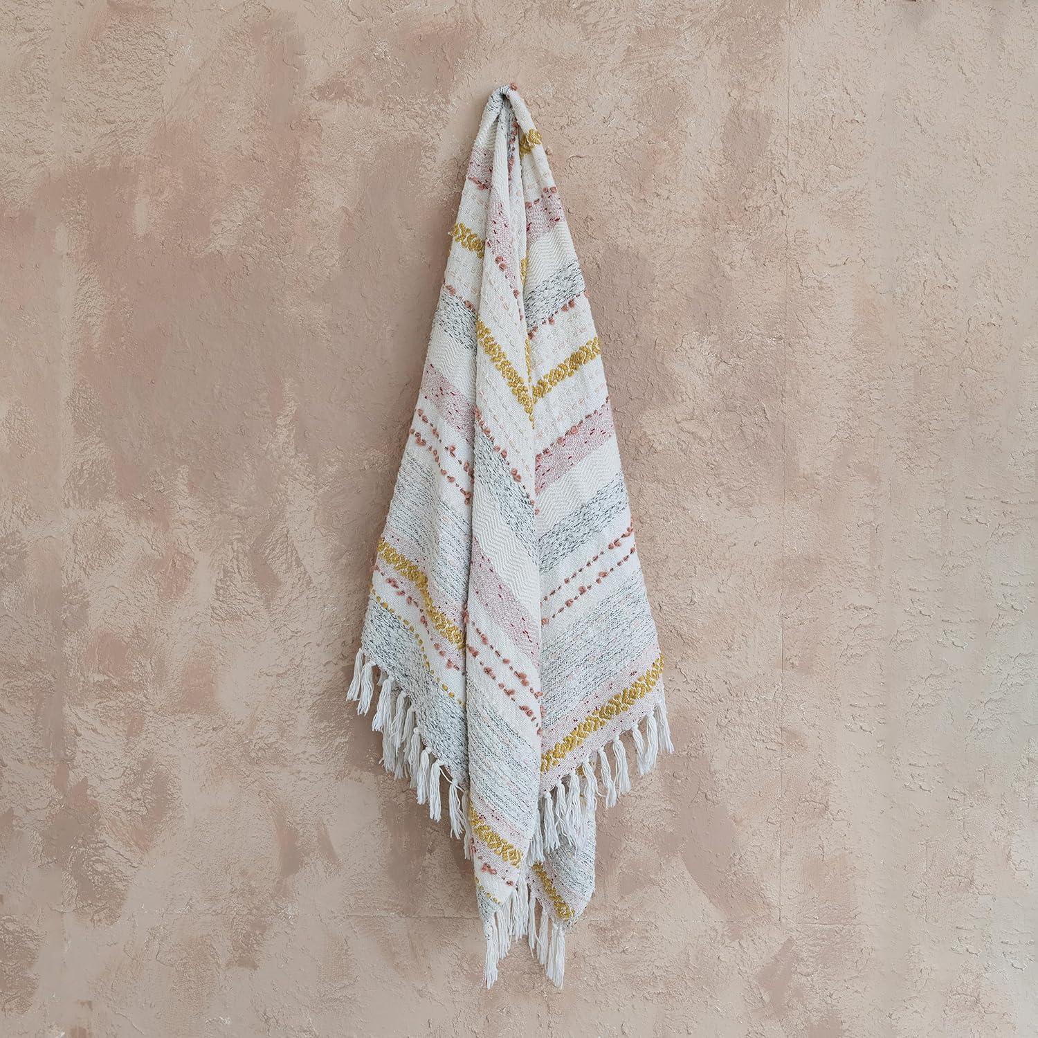 Multicolor Woven Cotton Striped and Embroidered Throw Blanket with Fringe