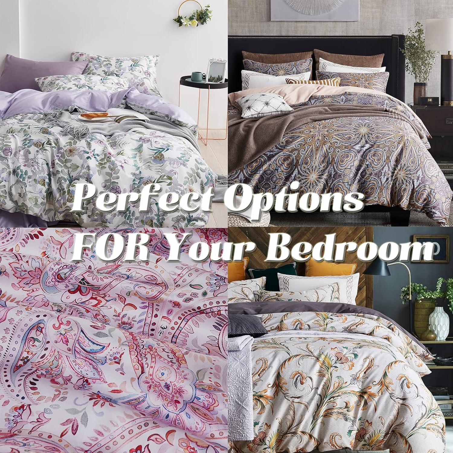 Floral Duvet Cover Set Garden Style King 3 Pieces Bedding Set, Ultra Soft Green Leaves Botanical Flowers Pattern Lavender Reversible Farmhouse 1 Comforter Cover + 2 Pillowshams(No Comforter)