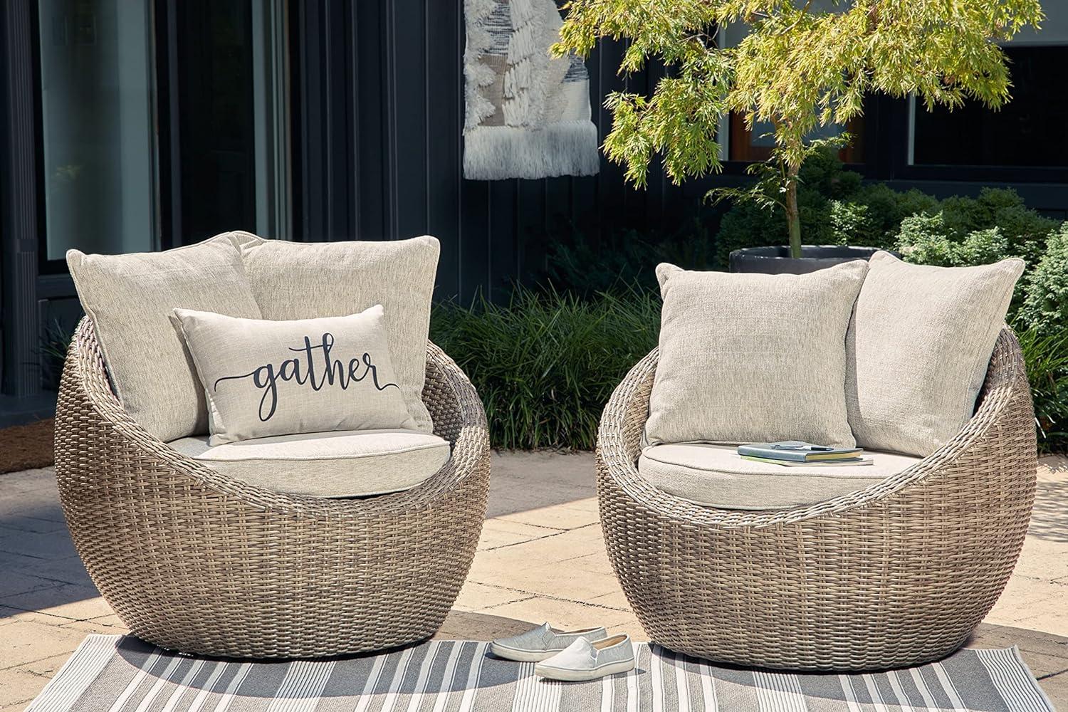 Beige and White Resin Wicker Swivel Lounge Chair Set