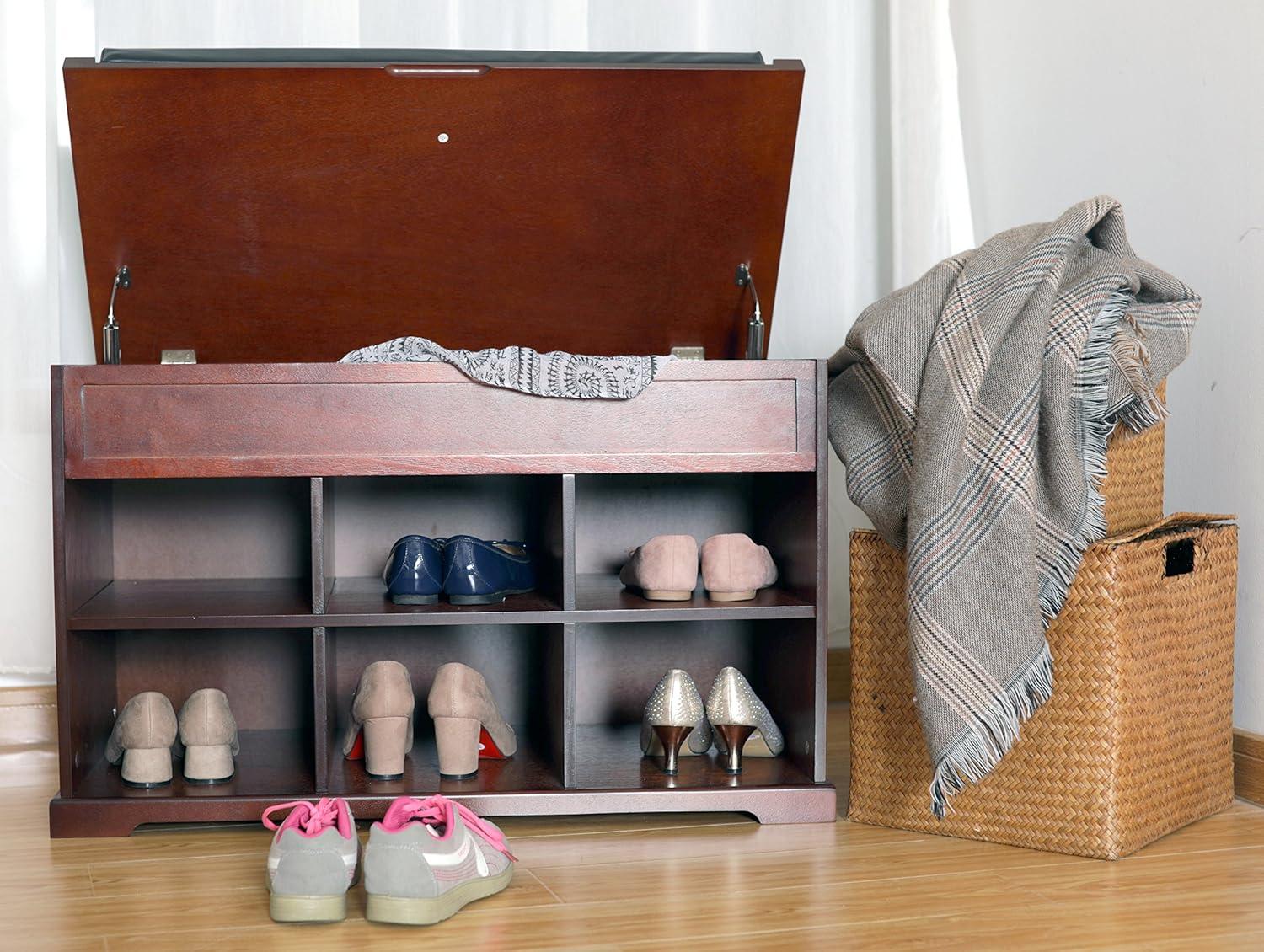 Mahogany Shoe Storage Bench with Black Cushion and Cubbies