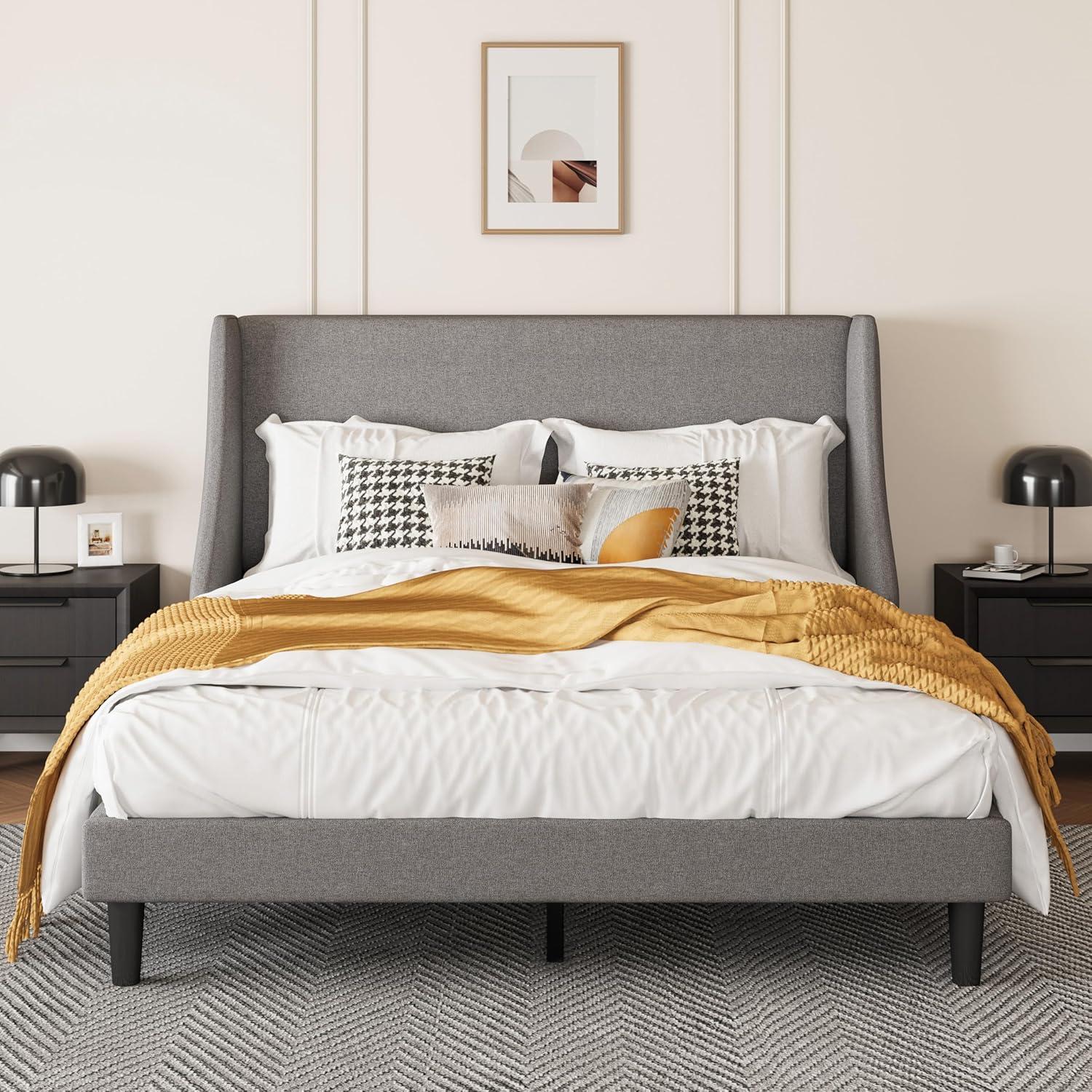 SHA CERLIN Platform Bed Frame Queen Size with Upholstered Headboard – Sleek Wingback Design, Reinforced Wood Slat Support, Light Grey