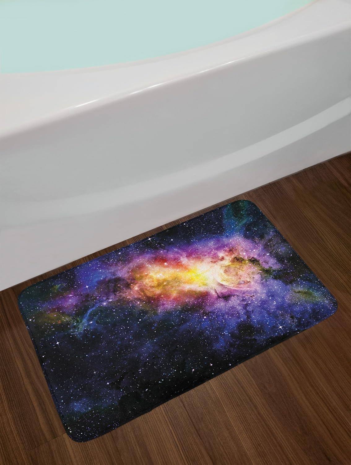 Galaxy Bath Mat, Nebula Gas Cloud in Space Dust Milky Way in Atmosphere Universe Print, Non-Slip Plush Mat Bathroom Kitchen Laundry Room Decor, 29.5 X 17.5 Inches, Black Purple and Yellow, Ambesonne