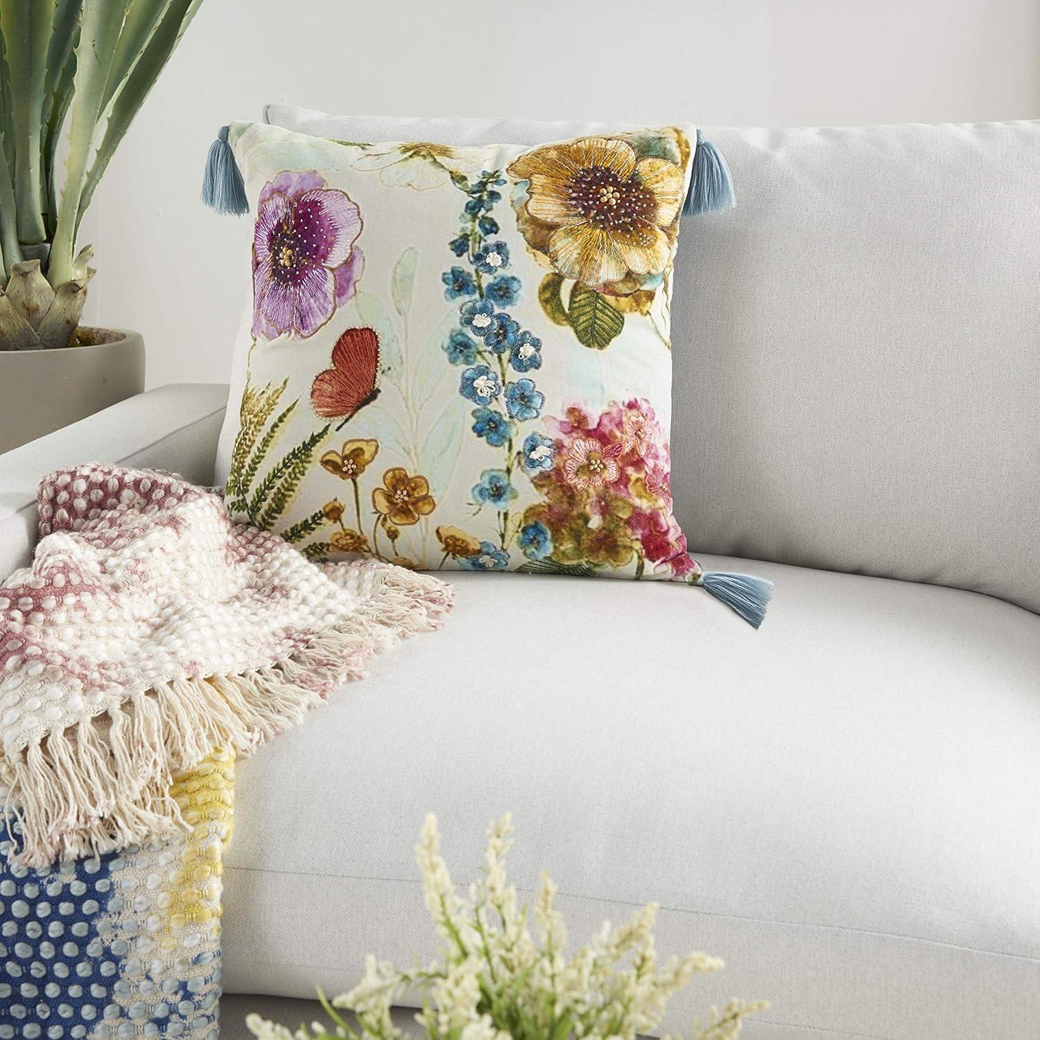 18"x18" Sofia Embellished Floral Garden Square Throw Pillow - Mina Victory: Handmade, Embroidered, Indoor Decor