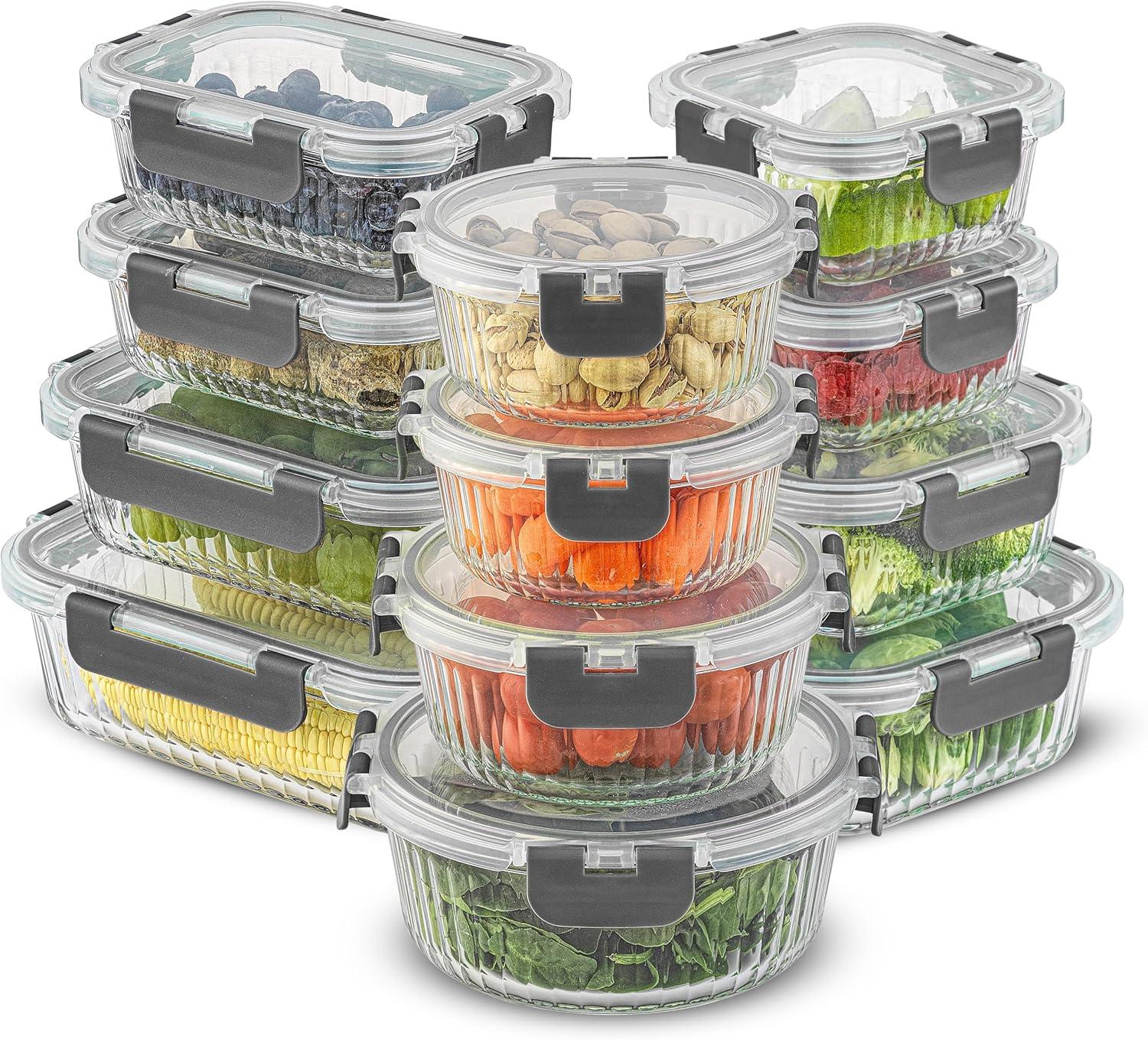 JoyJolt 24-Piece Gray Fluted Glass Food Storage Containers with Lids