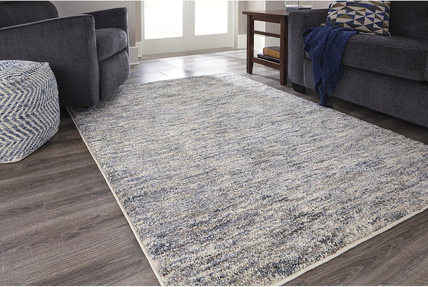 Medium Blue and Beige Stain-Resistant Synthetic Rug