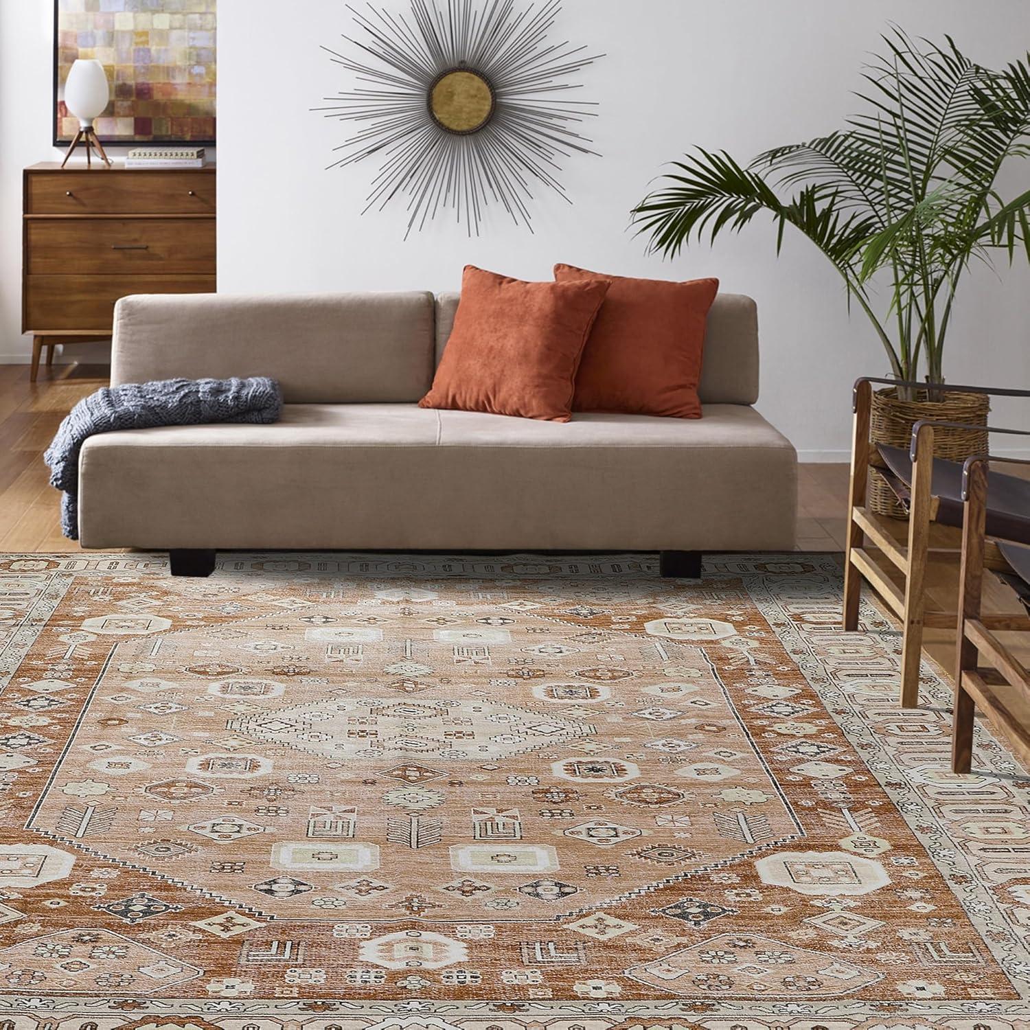 Machine Washable Thin Area Rug - Oriental Vintage Rust Red Kitchen, Bedroom, Hallway, Bathroom, and Entryway 3x5 Rugs - Stain and Water-Resistant - Non-Slip - Pet and Kid Friendly