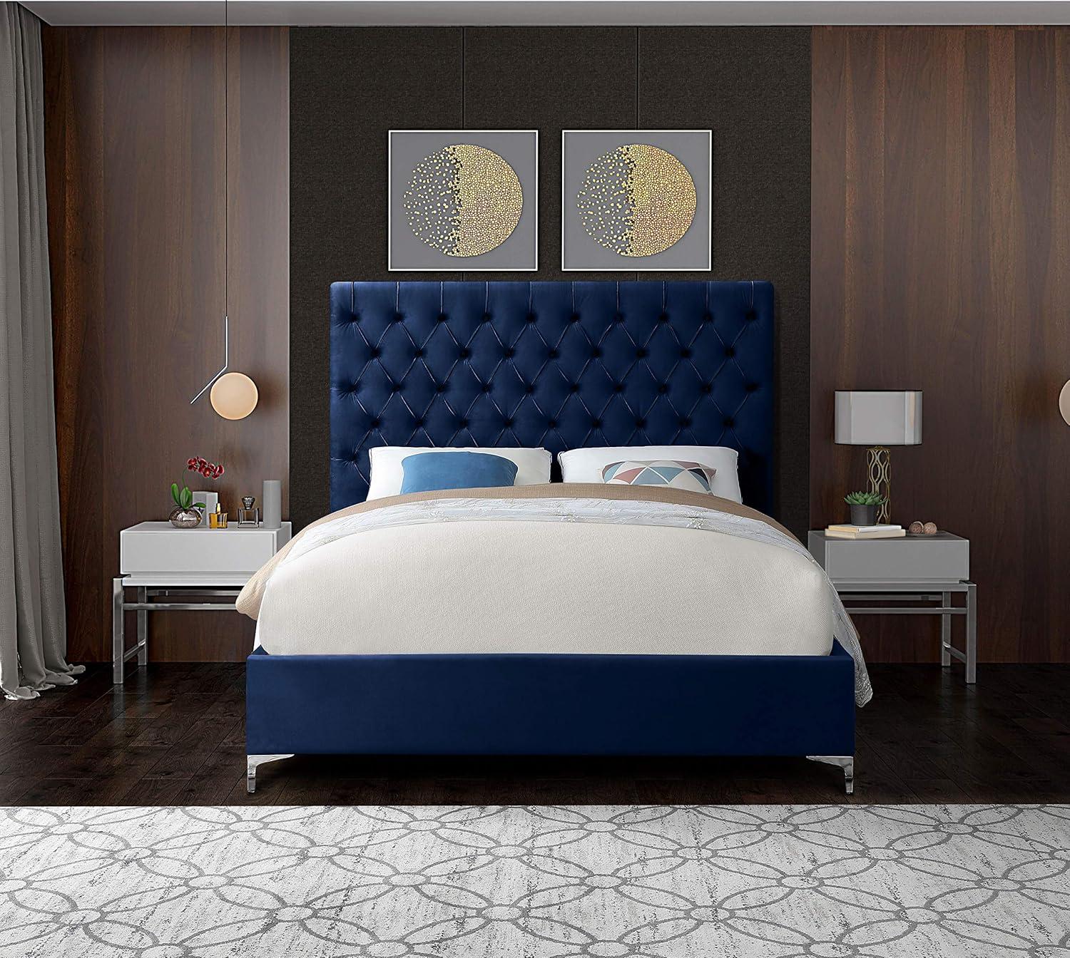 Meridian Furniture Cruz Solid Wood Tufted Velvet Queen Bed in Navy