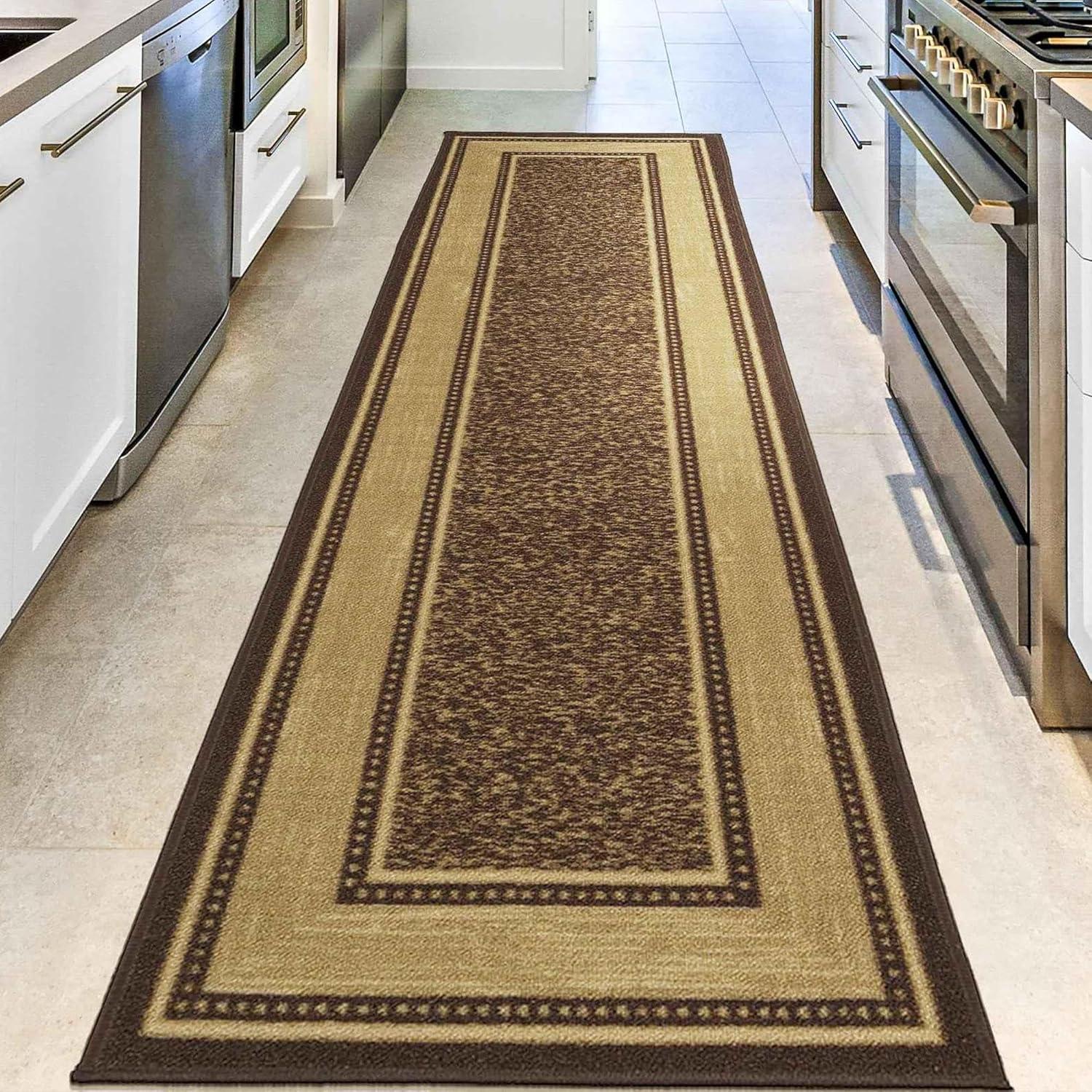 Ottomanson Machine Washable Non-Slip Rubberback Bordered 3x10 Indoor Runner Rug, 2'7" x 9'10", Brown