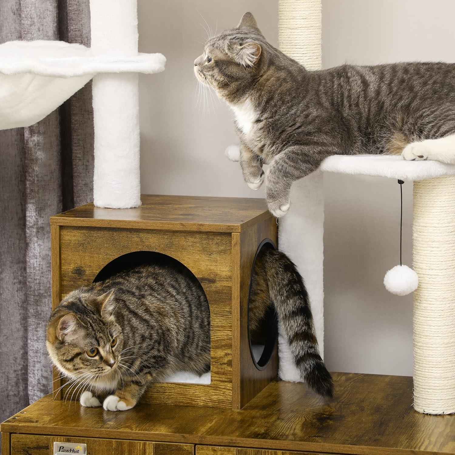 PawHut Cat Tree with Litter Box Enclosure, 2-in-1 Cat Tower Litter Box Furniture Indoor, Cat Condo with Hammock, Scratching Posts Pad, Rustic Brown