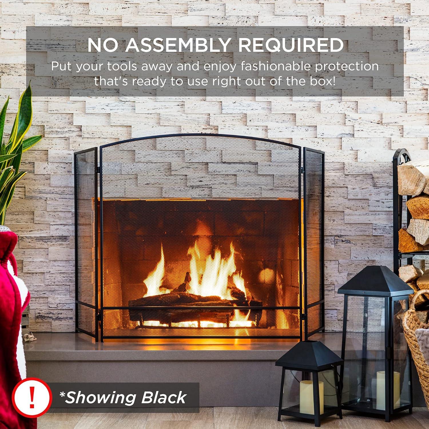 Best Choice Products 47.5x27.25in 3-Panel Steel Mesh Fireplace Screen, Spark Guard w/ Rustic Worn Finish - Black