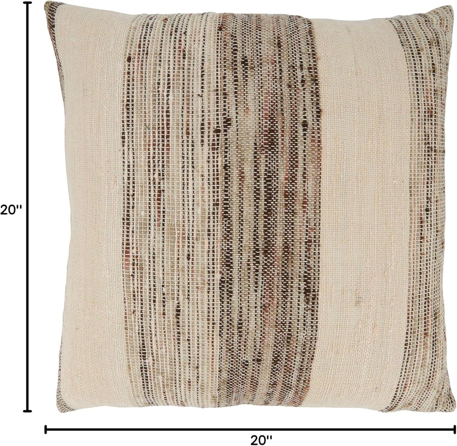 Beige and Brown Banded Cotton Square Throw Pillow with Down Filling