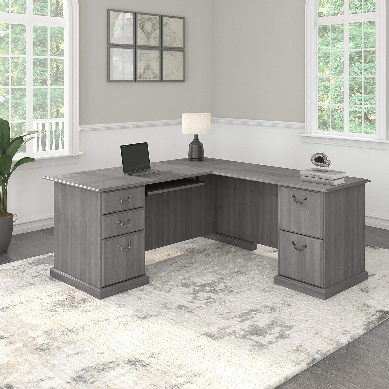 Modern Gray L-Shaped Wood Executive Desk with Drawers and Keyboard Tray