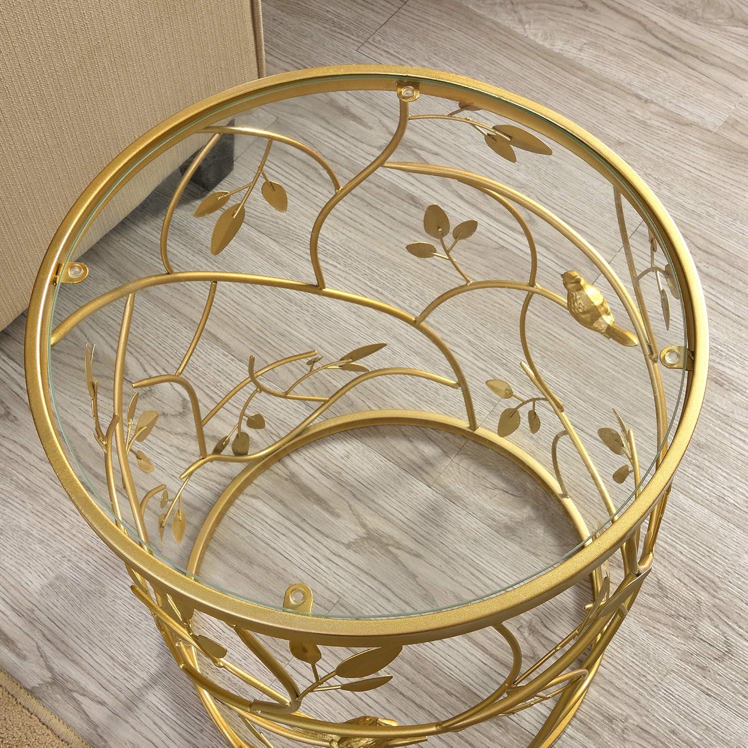 Elegant Gold Metal and Glass Round Accent Table with Bird and Branches Design