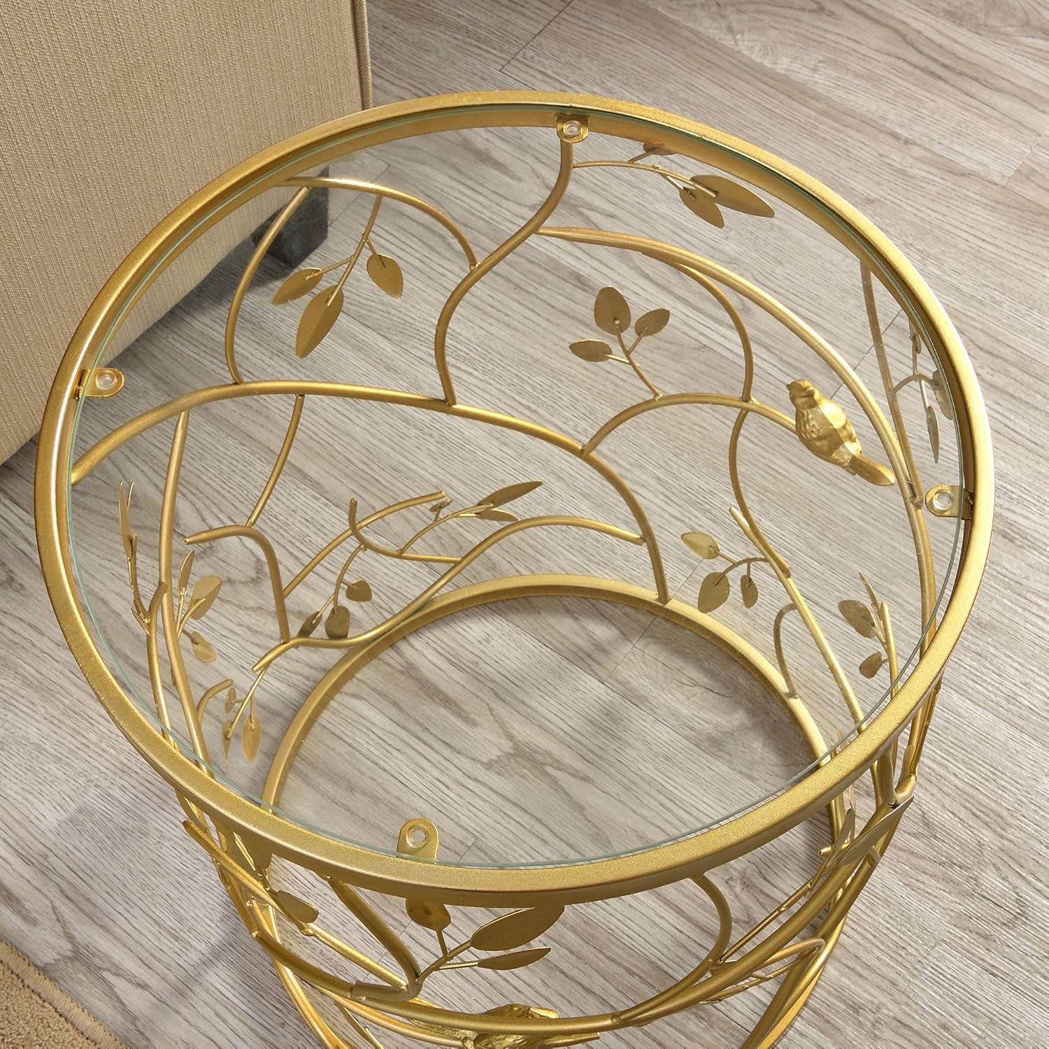FirsTime & Co. Gold Bird and Branches End Table, Bedroom Nightstand and Living Room Side Table, Round, Metal and Glass, Cottage, 22 x 16.5 Inches