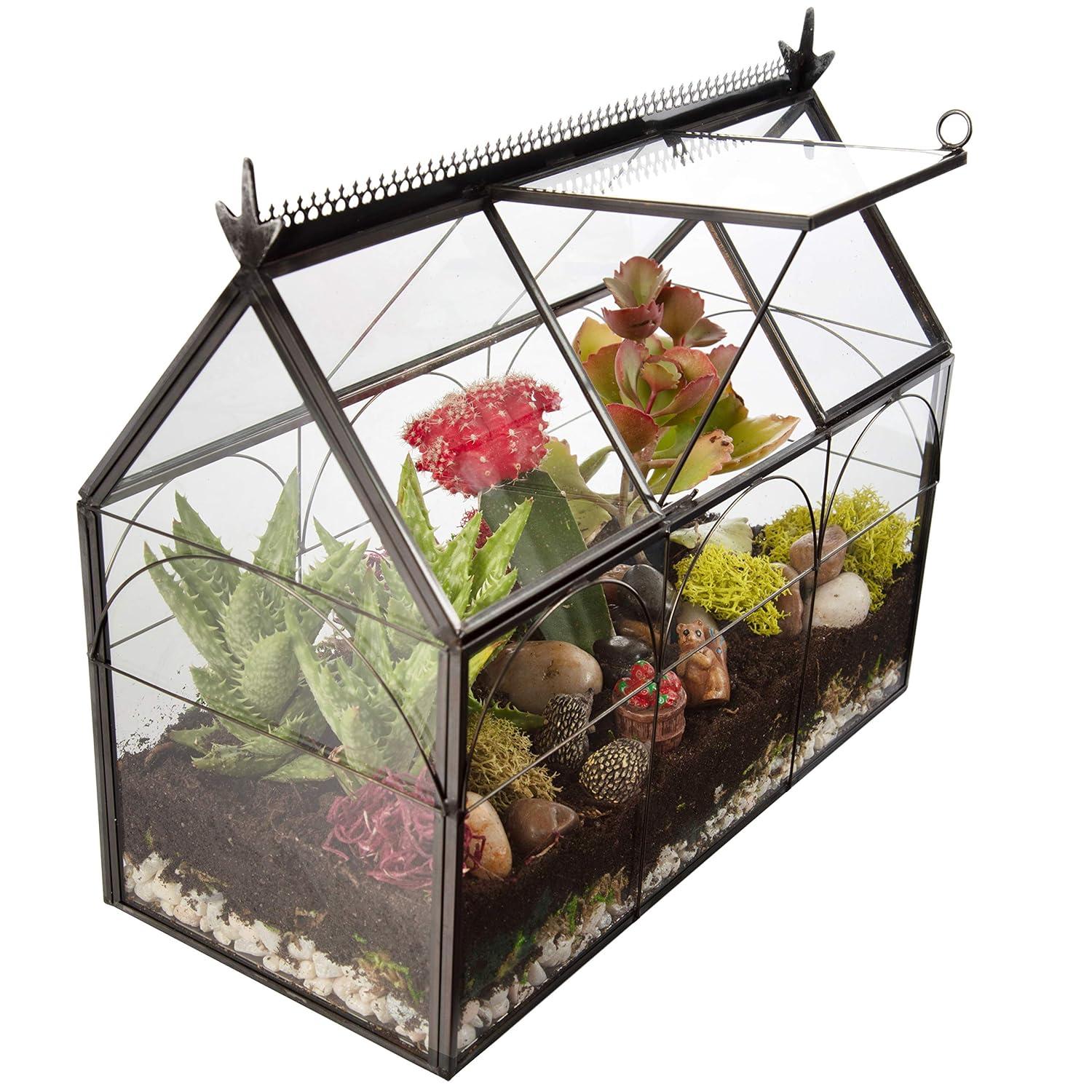 D'Eco Glass Greenhouse Plant Terrarium (10x4.5x9) - Indoor Tabletop Black Hinged Geometric Planter Holiday Decor - Christmas Gift for Plant Lovers