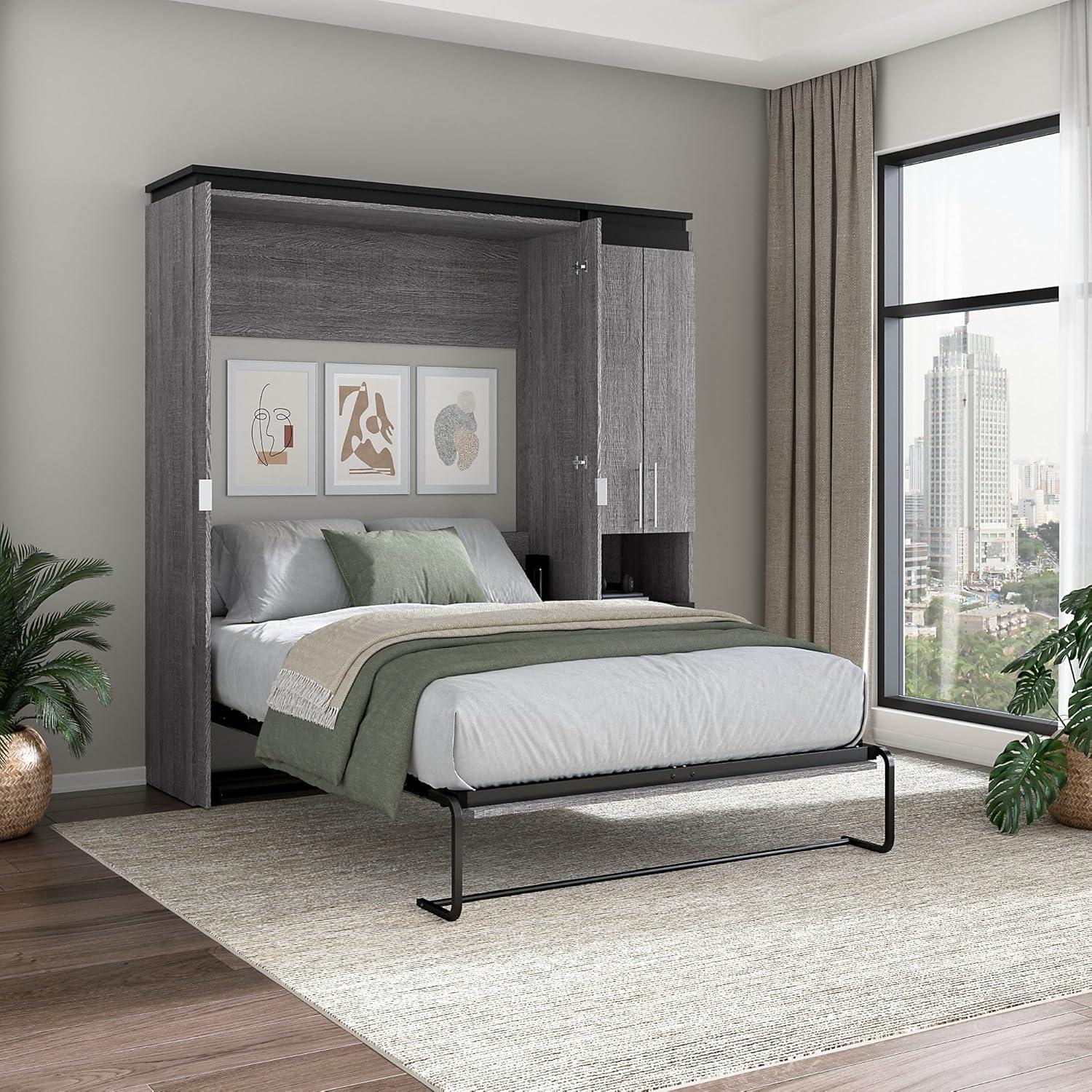 Bestar Orion 89" Full Murphy Bed with Storage Cabinet in Bark Gray