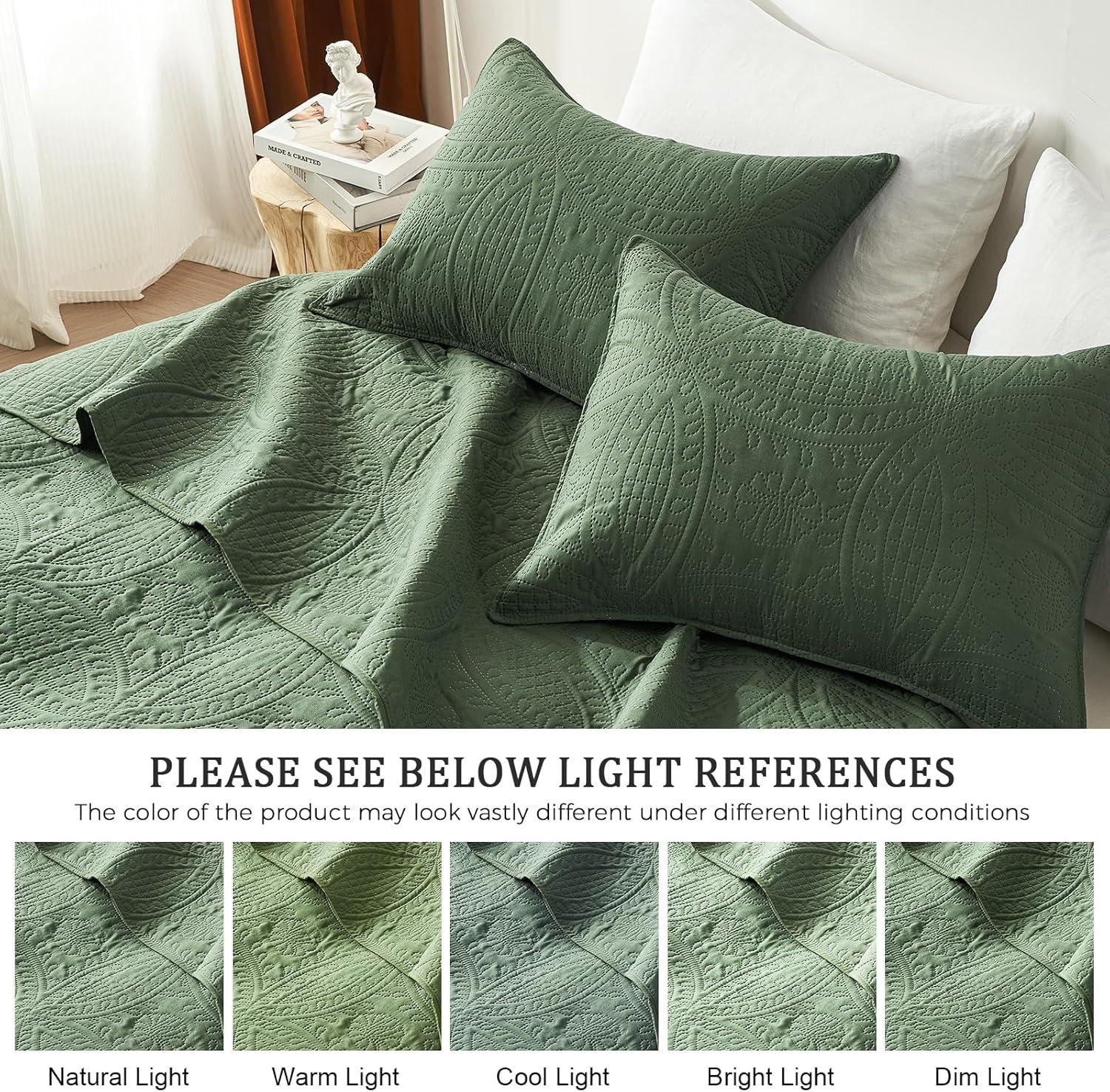 akkialla Queen Quilt Bedding Set,Olive Green Ultrasonic Full/Queen Quilt Set,Lightweight Soft Bedspread Coverlet,Modern Style Coin Pattern Bed Cover for All Seasons,3 Piece(1 Quilt,2 Pillow Shams)