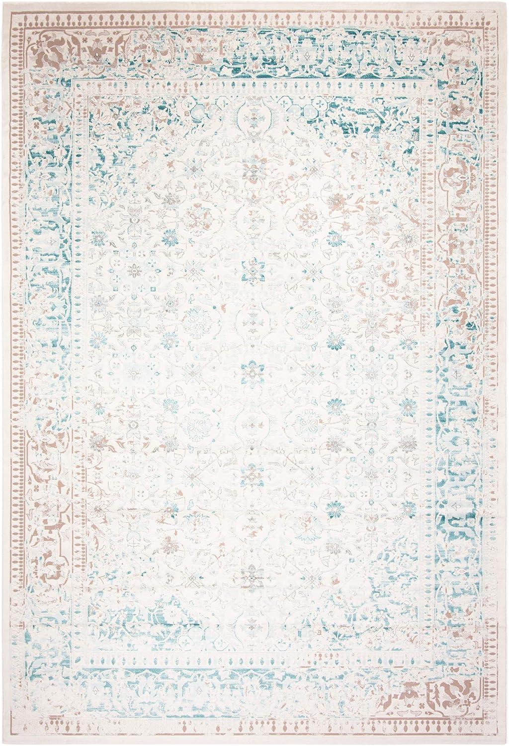 Ivory and Turquoise Rectangular Reversible Synthetic Area Rug