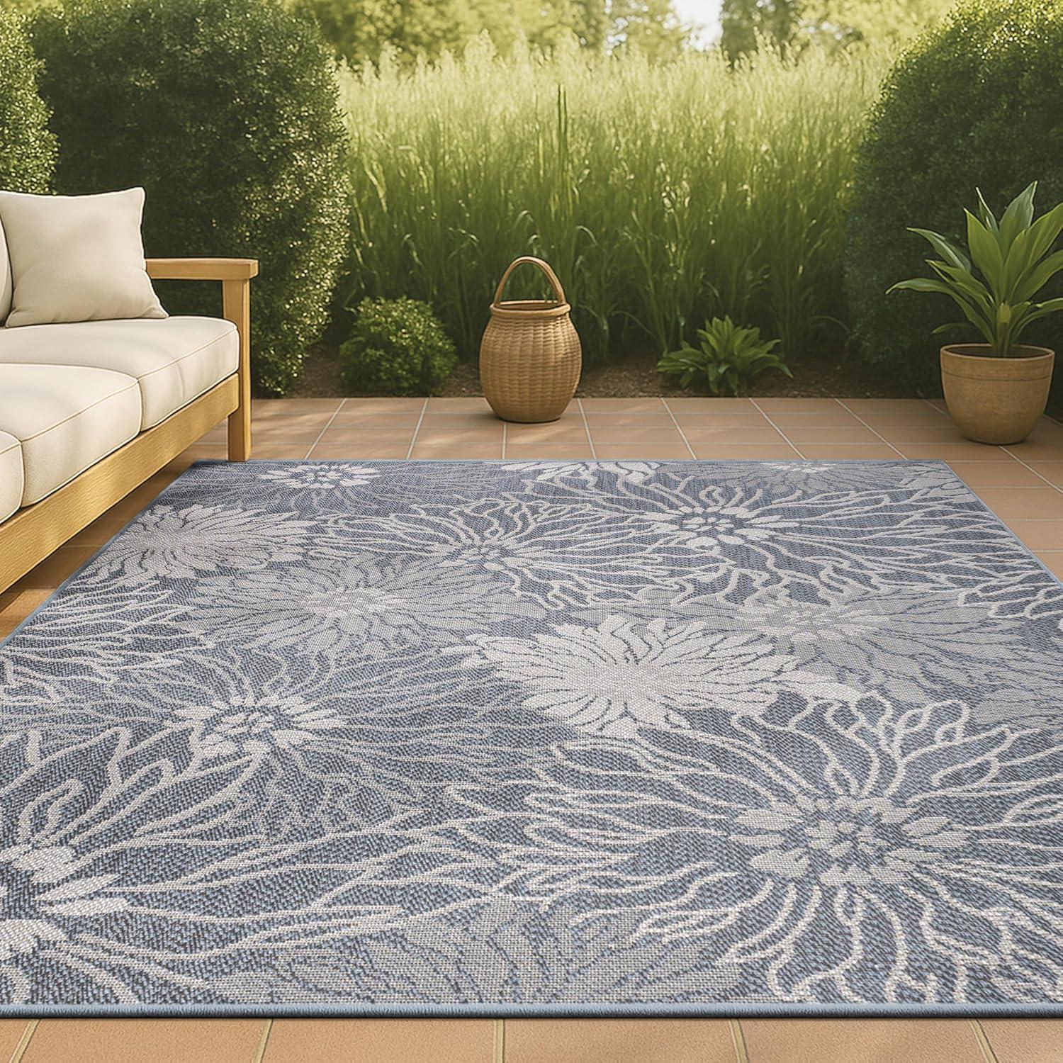 5' x 8' Bahamas Modern All-Over Floral Indoor/Outdoor Area Rug, Navy/Gray - JONATHAN Y