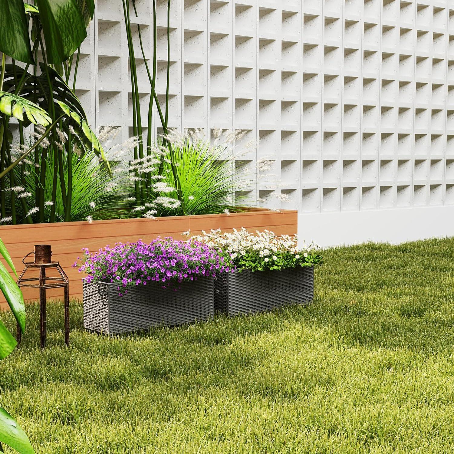 Outsunny Railing Planter Box (2 Pack, 20 Inch), Hanging Flower Pots with Hooks, Drainage Holes for Fence, Balcony, Garden, Patio, Rattan Look, Black